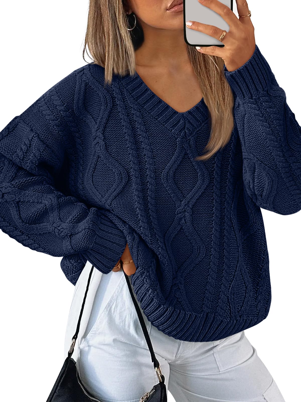 Trendy Queen Womens V Neck Cable Knit Sweaters Oversized Cozy Fall Pullover