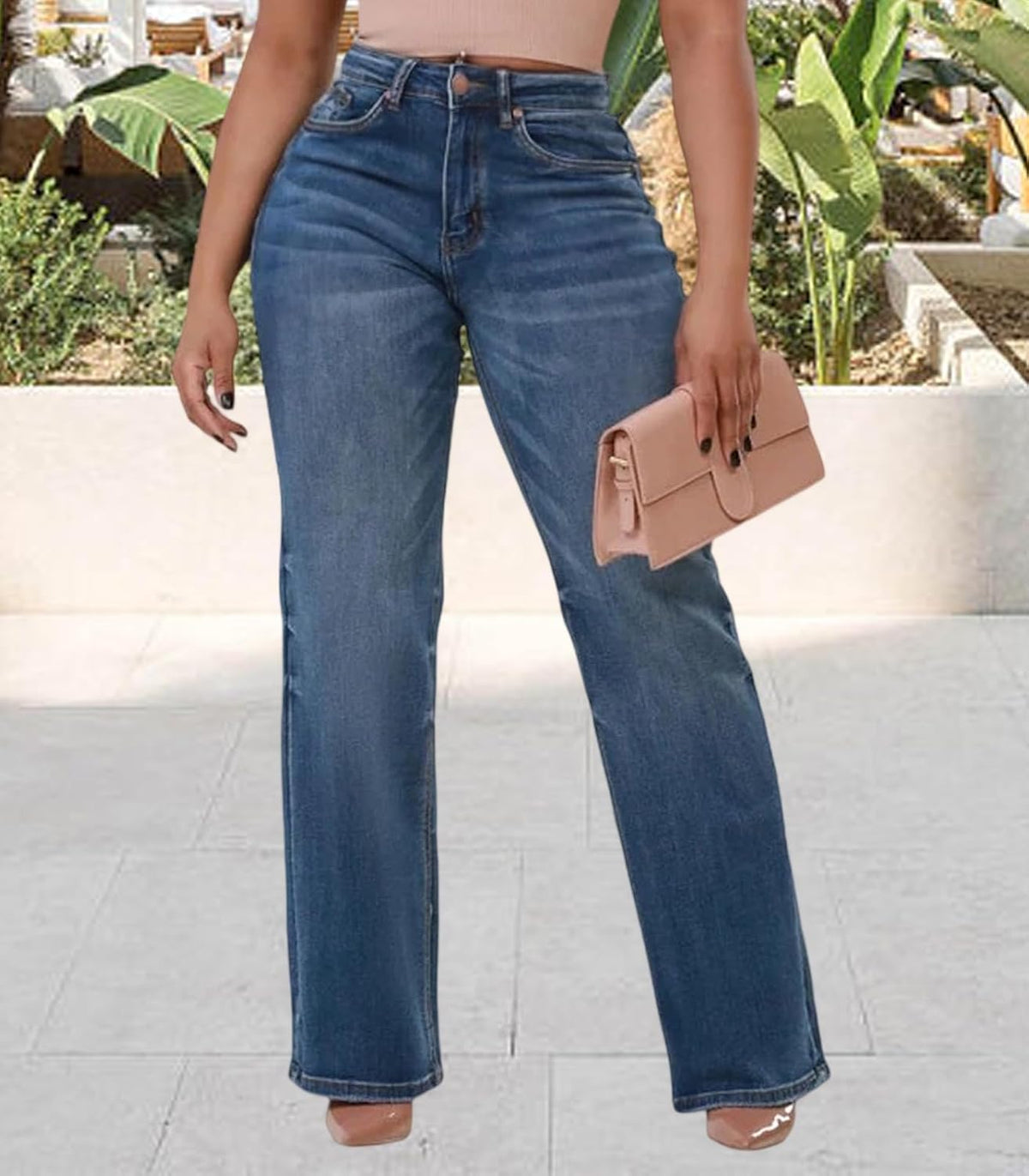 KnoInt Women's Wide Leg Straight Jeans High Waisted Baggy Stretch Loose Denim Pants