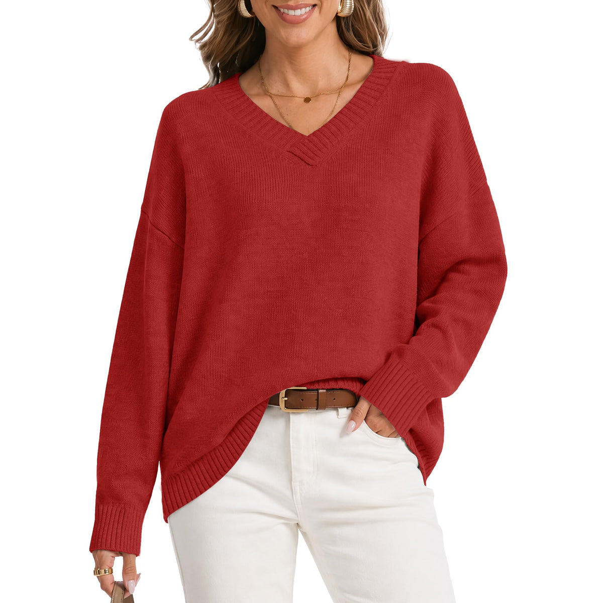 Womens Oversized Cashmere Blend V Neck Cozy Pullover Sweaters
