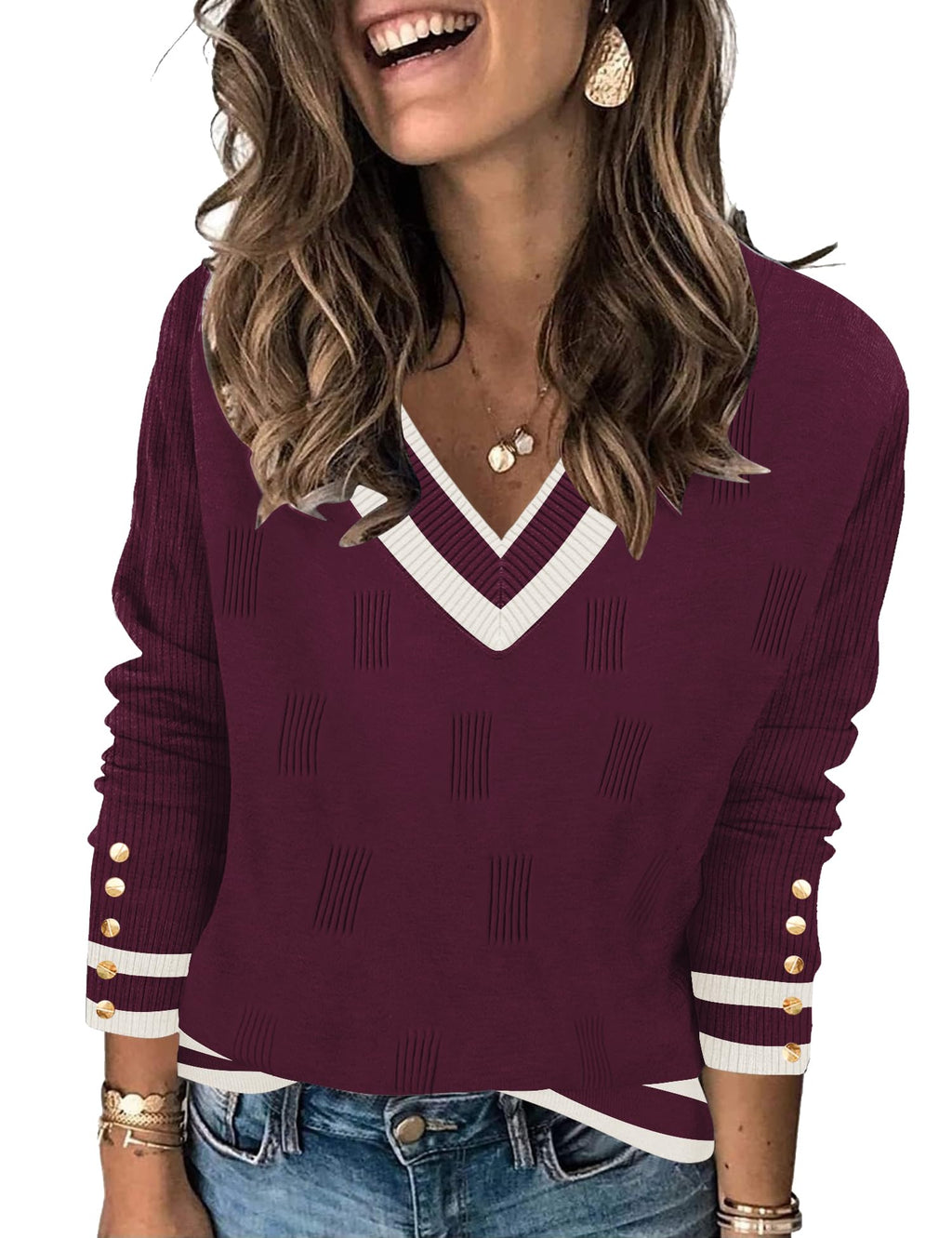 AKEWEI Womens V Neck Sweaters Long Sleeve Lightweight Knit Pullover Tops with Decorative Buttons