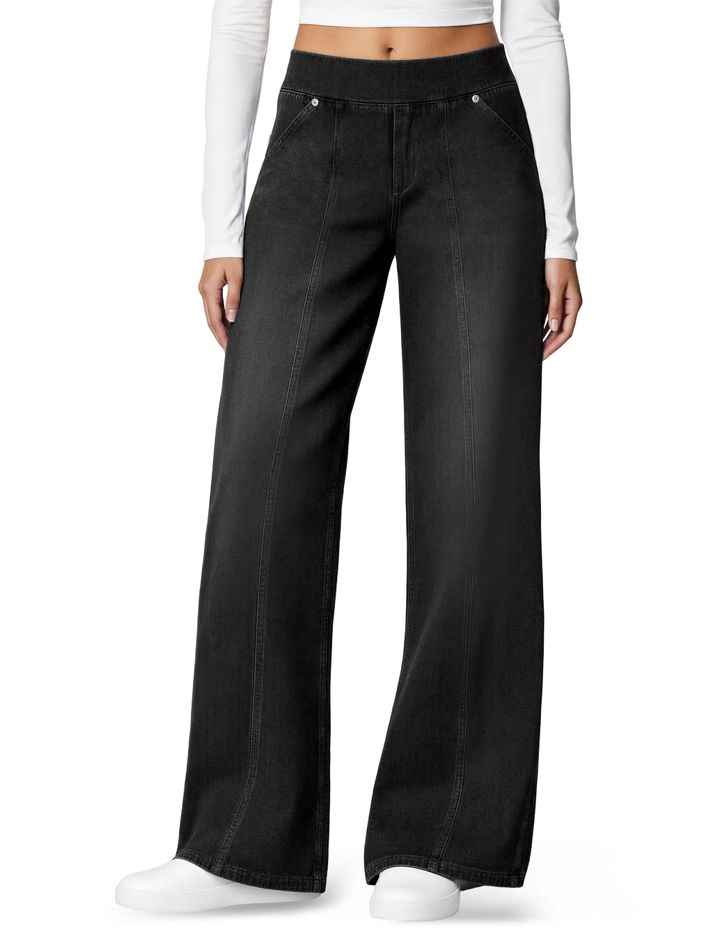 DLOODA Women's Stretchy Wide Leg Jeans High Waisted Pull on Sweatpant Jeans