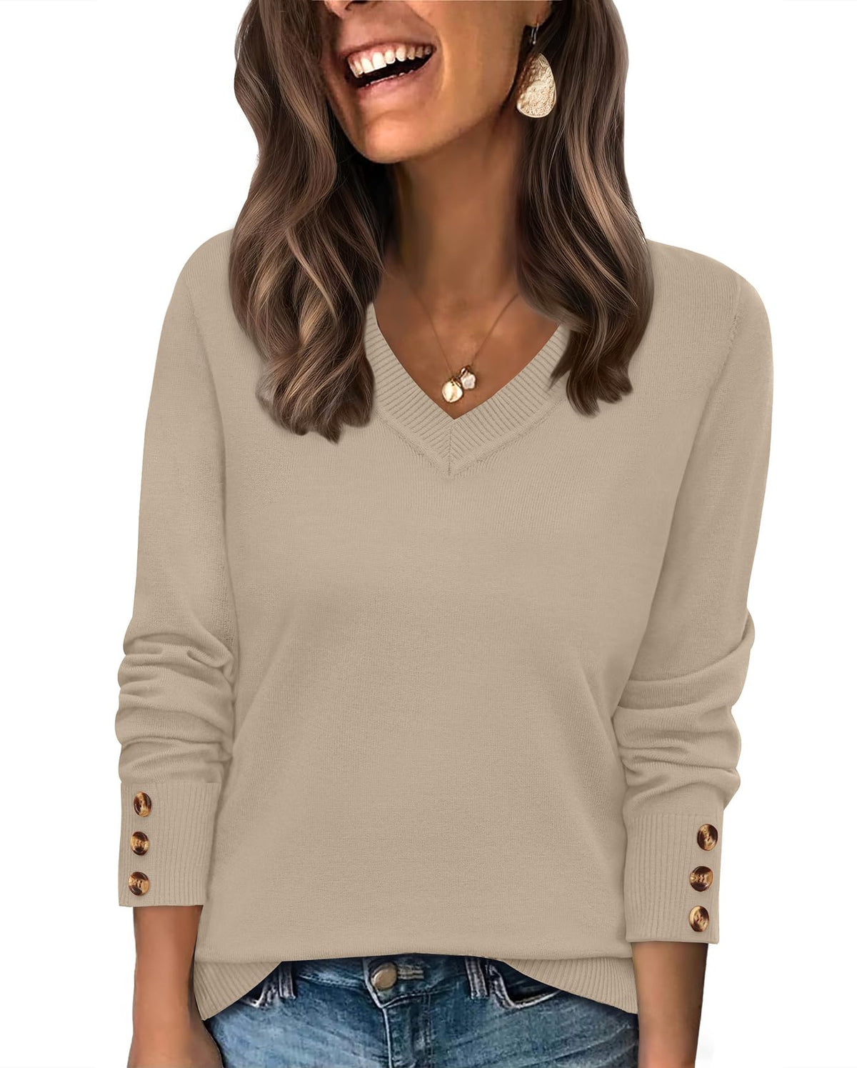 WIHOLL Lightweight Sweaters for Women Long Sleeve V Neck Knit Outfits with Decorative Buttons