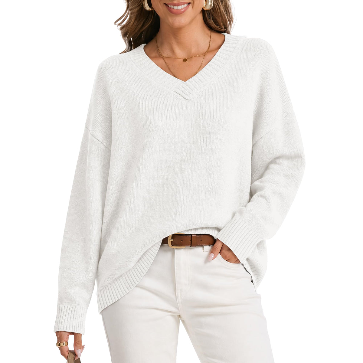 Womens Oversized Cashmere Blend V Neck Cozy Pullover Sweaters