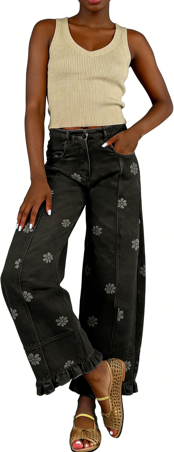 utcoco Barrel Jeans Women 2026 Floral Print Wide Leg Jeans Y2k Patchwork Baggy Boyfriend Denim Pants