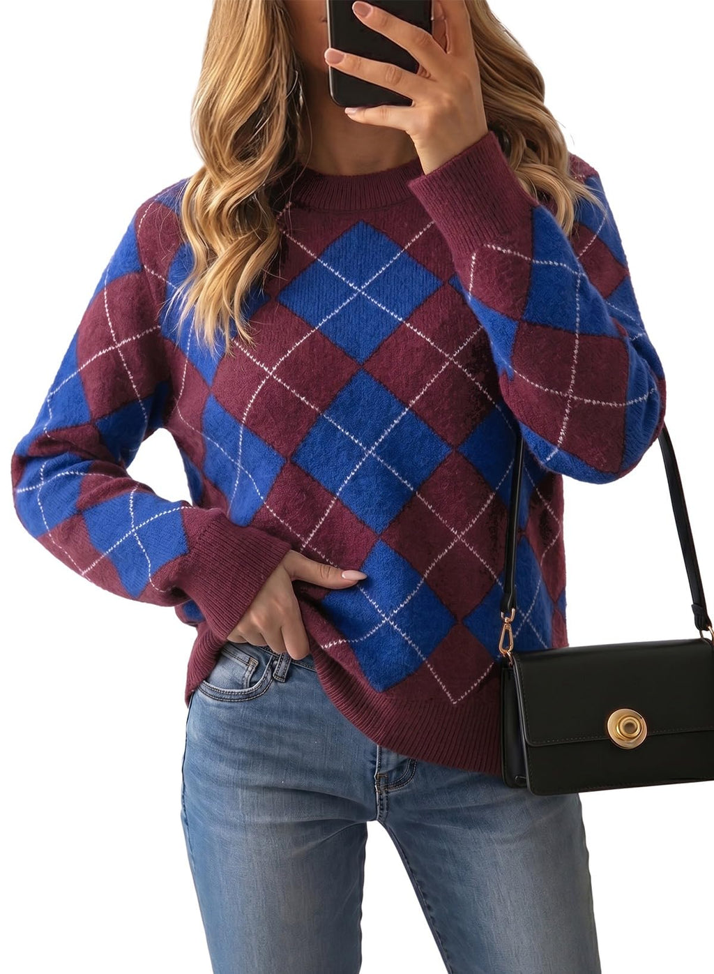 Pink Queen Fall Sweaters for Women Argyle Colorblock Pullover Sweater 2026