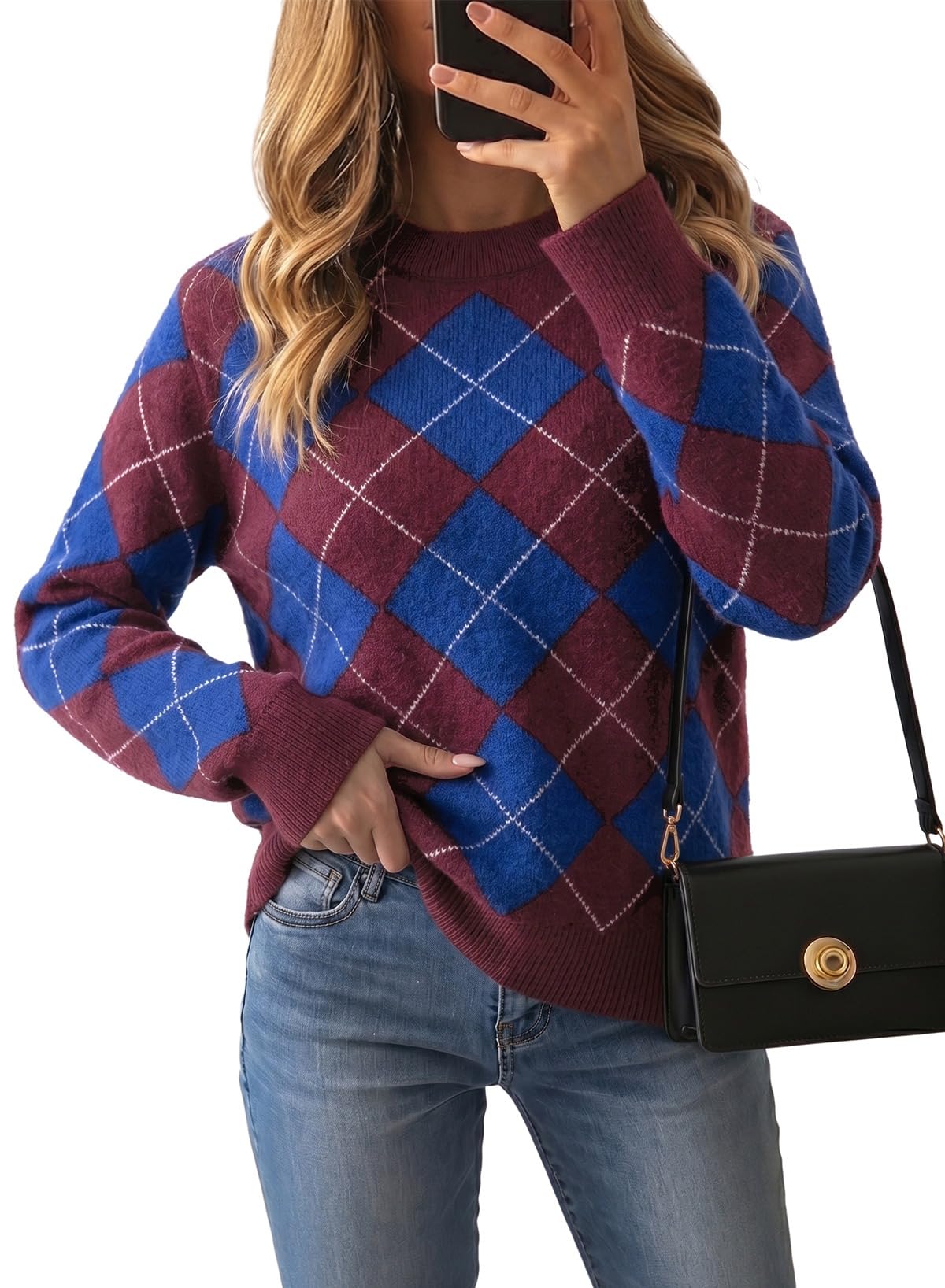 Pink Queen Fall Sweaters for Women Argyle Colorblock Pullover Sweater 2026