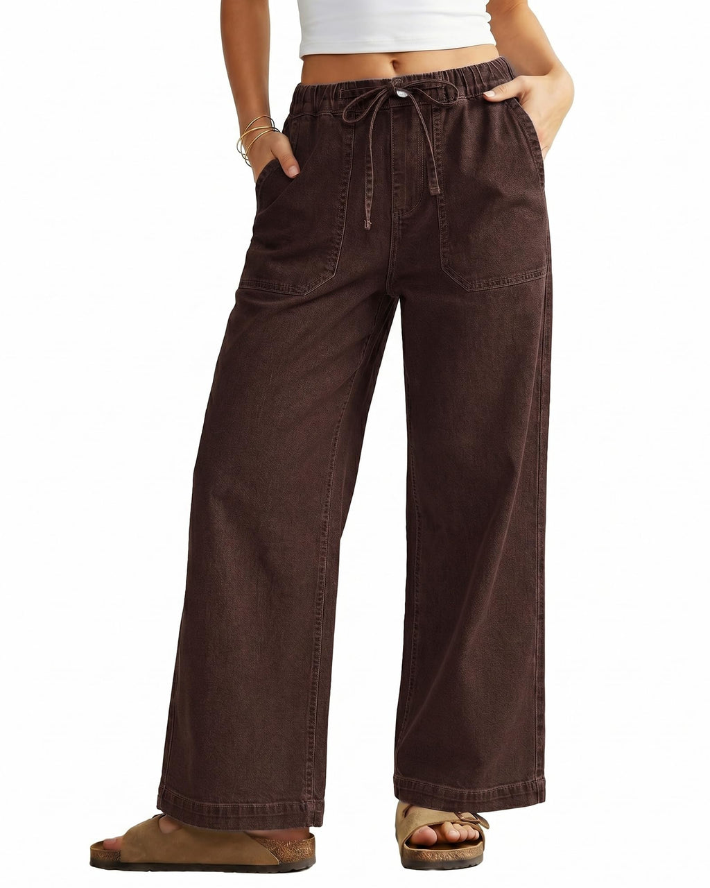 GRAPENT Wide Leg Jeans for Women Trendy High Waisted Drawstring Tie Elastic Waist Stretchy Denim Pants Trouser Jeans