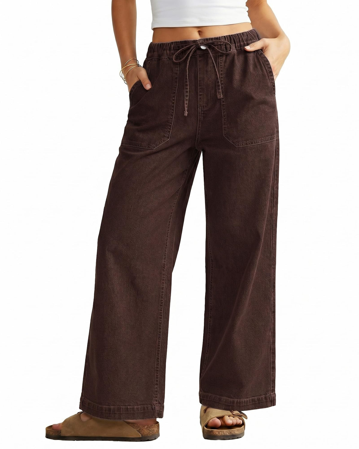 GRAPENT Wide Leg Jeans for Women Trendy High Waisted Drawstring Tie Elastic Waist Stretchy Denim Pants Trouser Jeans
