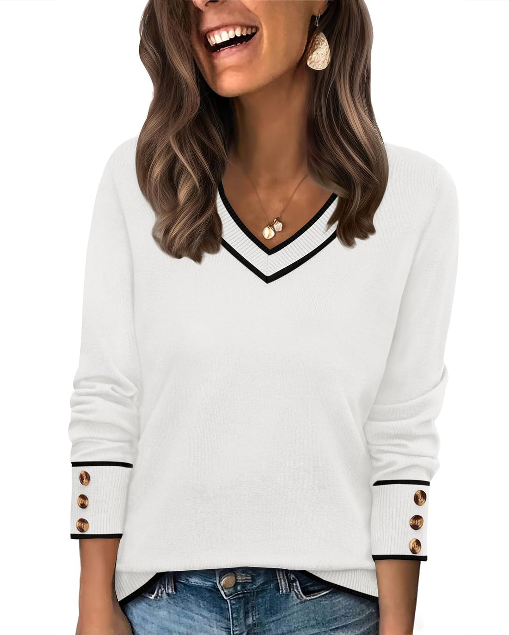 WIHOLL Lightweight Sweaters for Women Long Sleeve V Neck Knit Outfits with Decorative Buttons