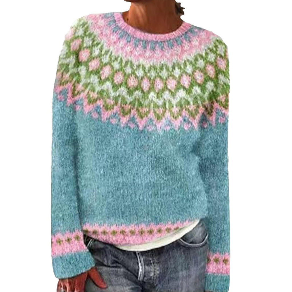 Fair Isle Sweater Women Boho Knitted Vintage Sweaters Casual Crewneck Long Sleeve Lightweight Cropped Pullover Tops