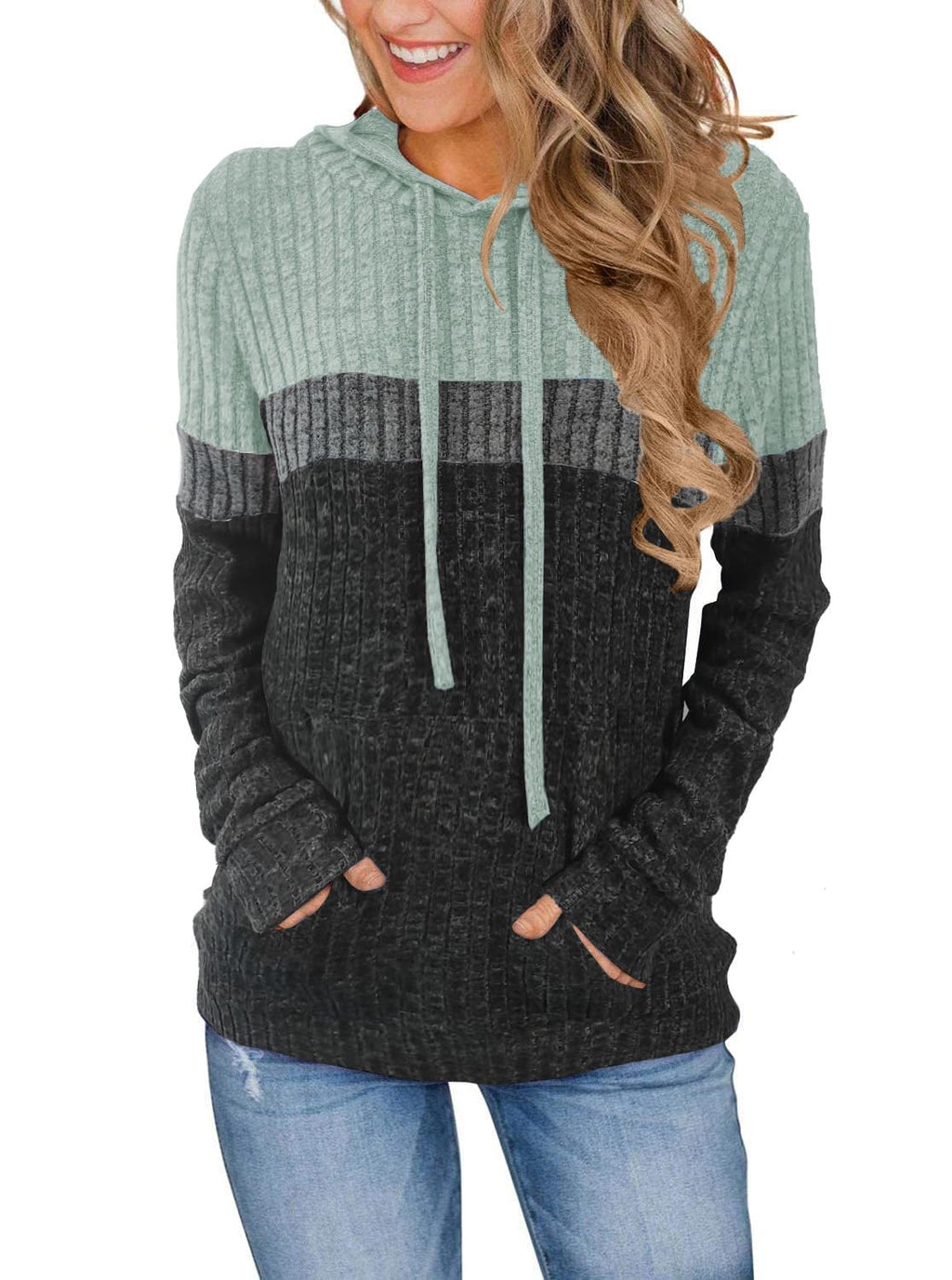 MixShe Women’s Color Block Knit Hoodie – Casual Long Sleeve Pullover Sweater Tops with Pocket