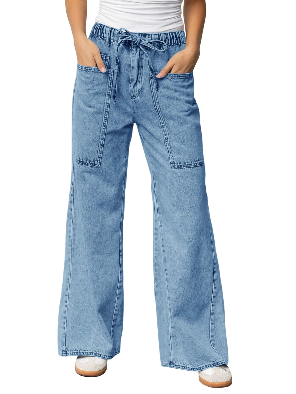 Women's Wide Leg Jeans High Waisted Denim Pants with Drawstring