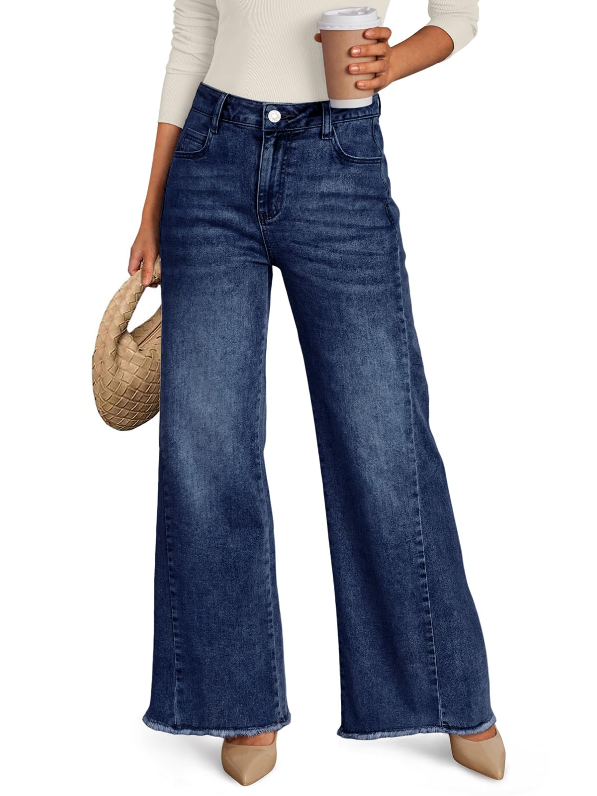 Trendy Queen Women's Wide Leg Jeans, Relaxed Loose with Raw Hem Pants