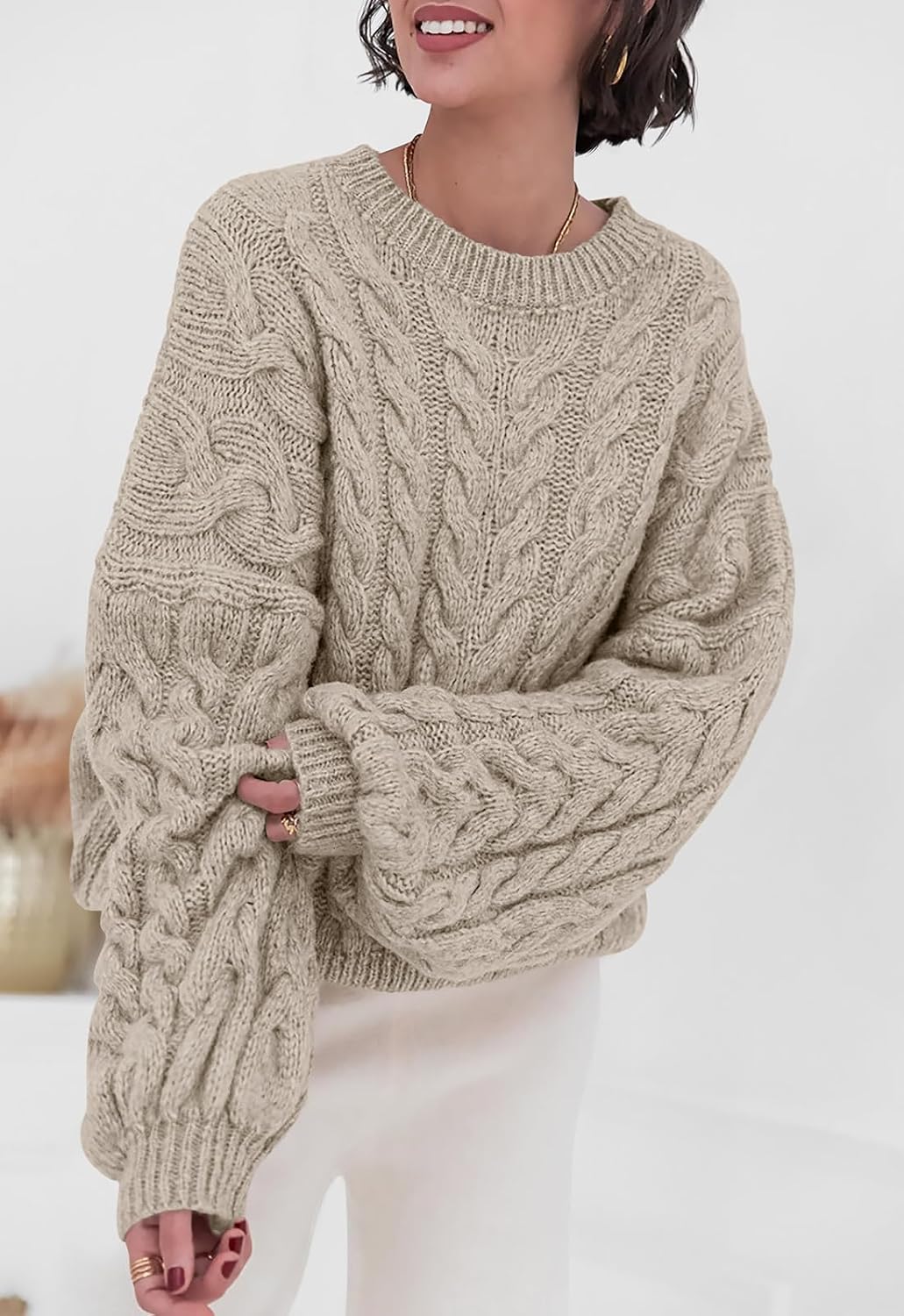 PRETTYGARDEN Womens Sweaters Fall 2026 Cable Knit Long Sleeve Crewneck Oversized Sweater Chunky Pullover Loose Outfits