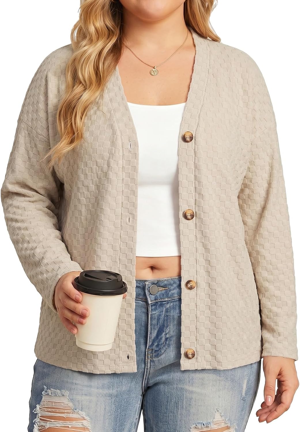 Eytino Plus Size Button Down Long Sleeve Cardigan for Women
