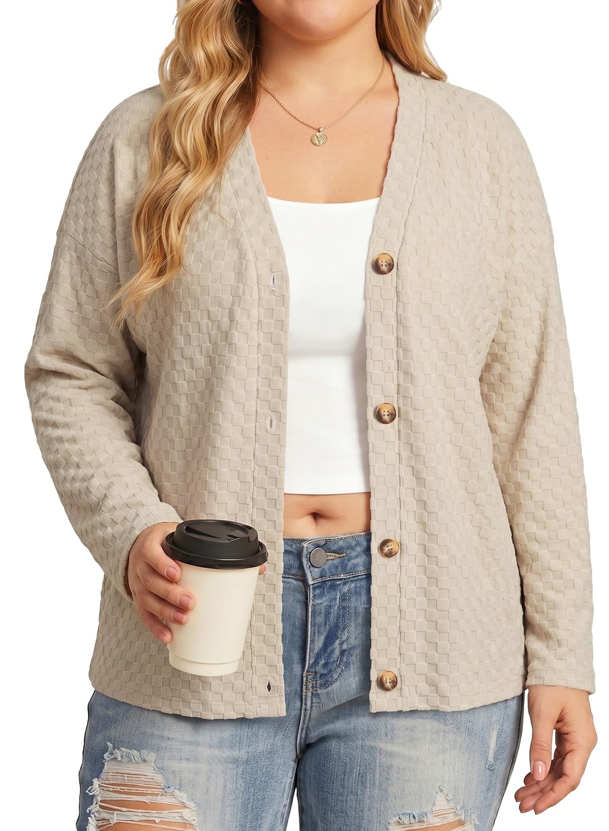 Eytino Plus Size Button Down Long Sleeve Cardigan for Women