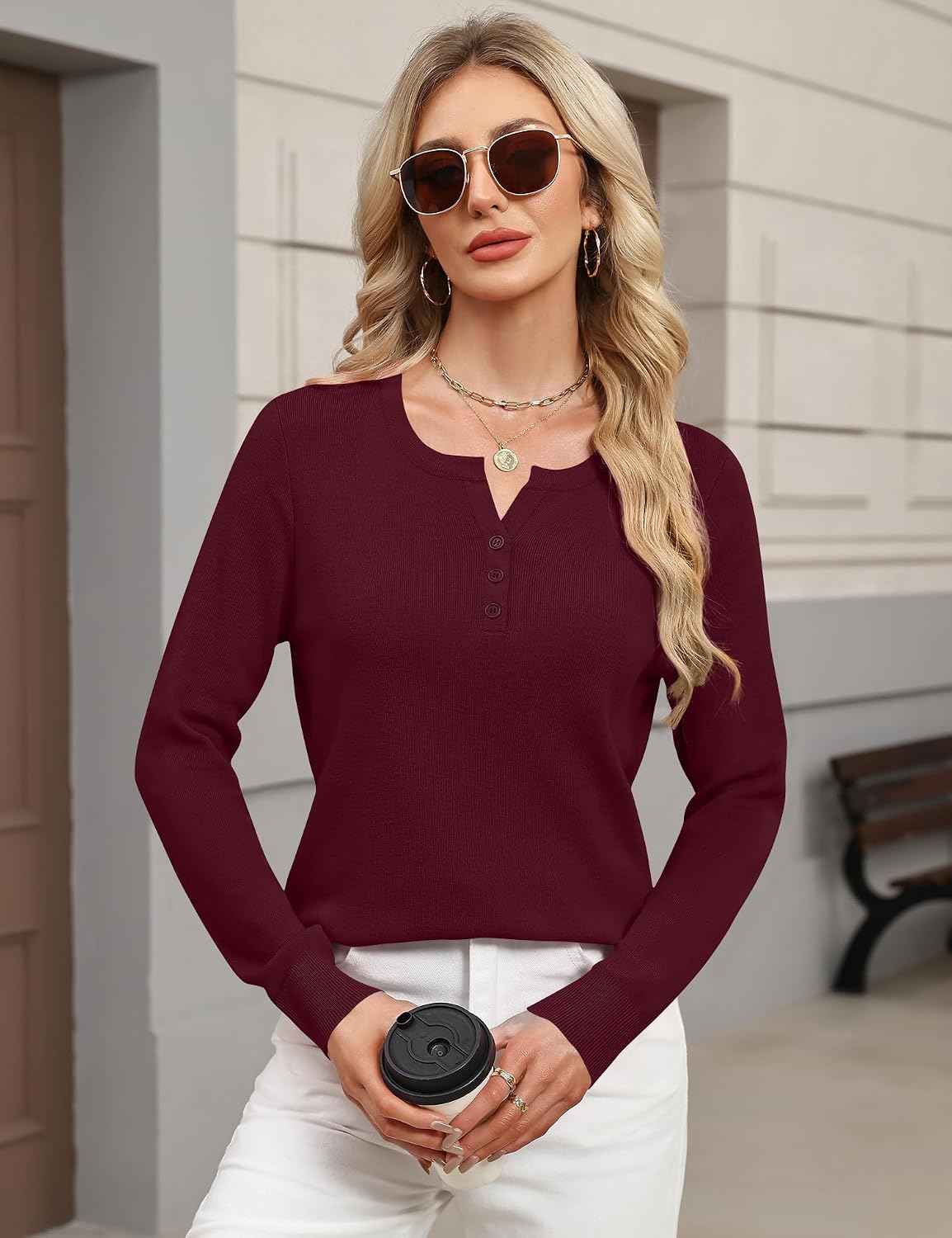 LOMON Sweater for Women Long Sleeve V Neck Wool Blend Pullover Tops
