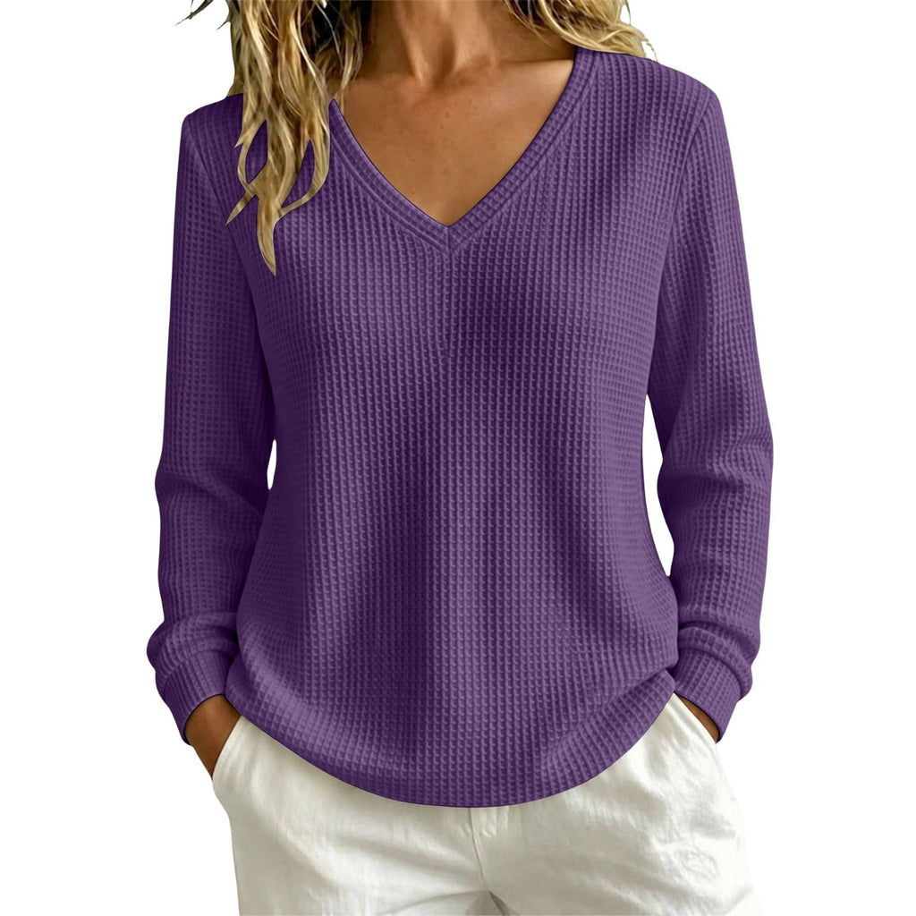 Women’s Lightweight Waffle Knit Sweater V-Neck Loose Fit Pullover