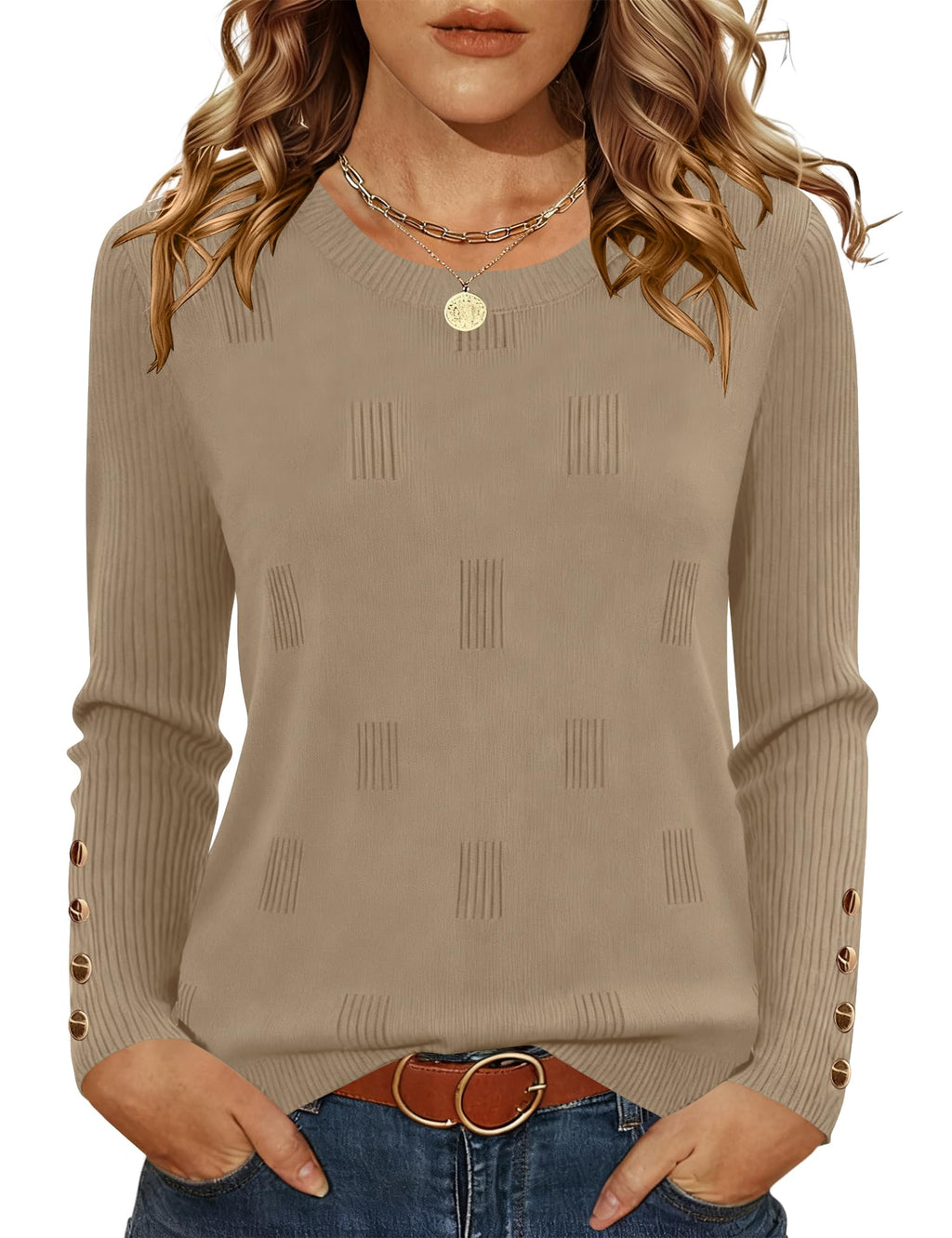 AKEWEI Womens Sweaters Long Sleeve Crew Neck Lightweight Knit Pullover Tops with Decorative Buttons