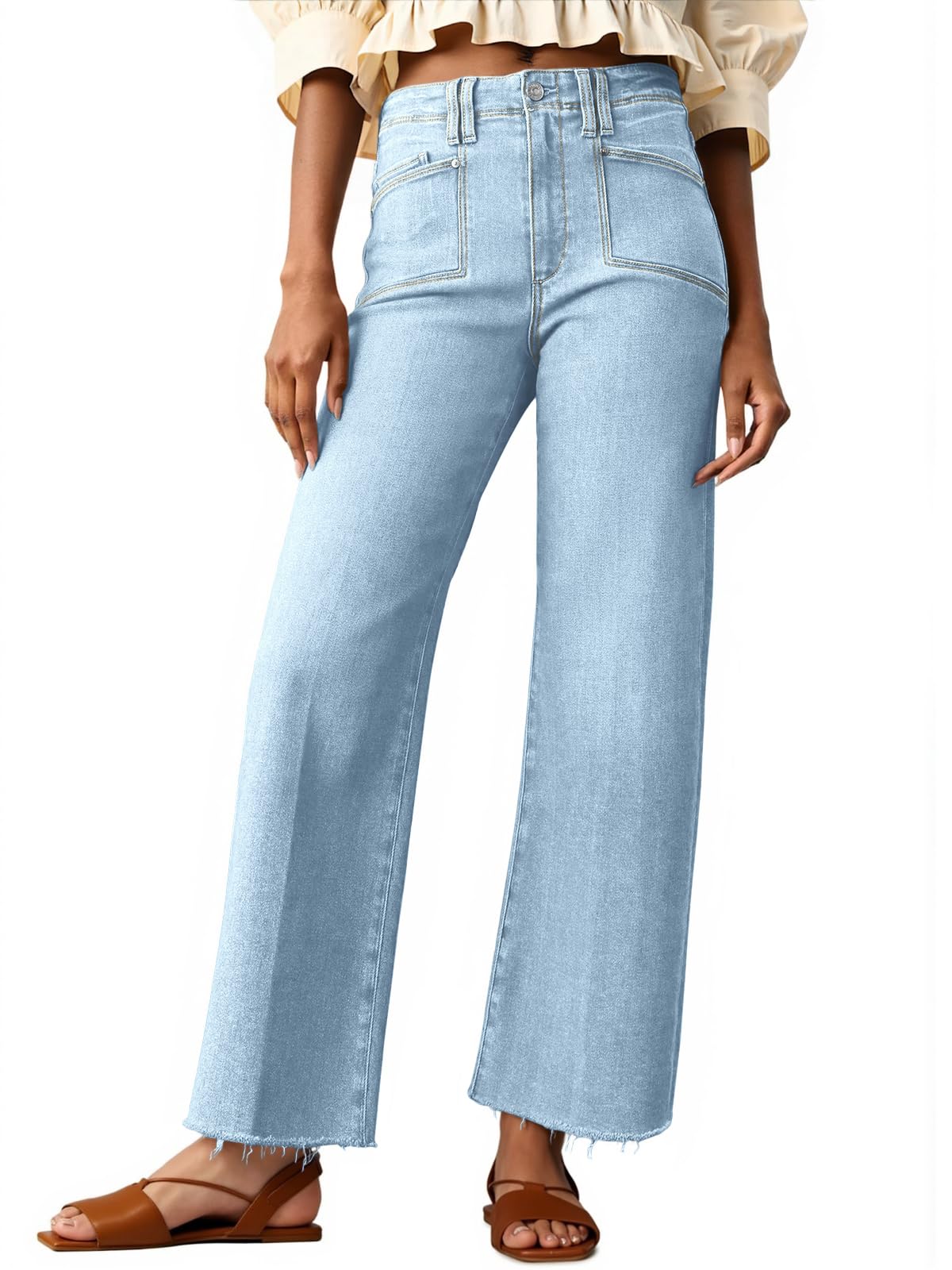 Cicy Bell Womens High Waisted Cropped Jeans Straight Leg Raw Hem Denim Pant