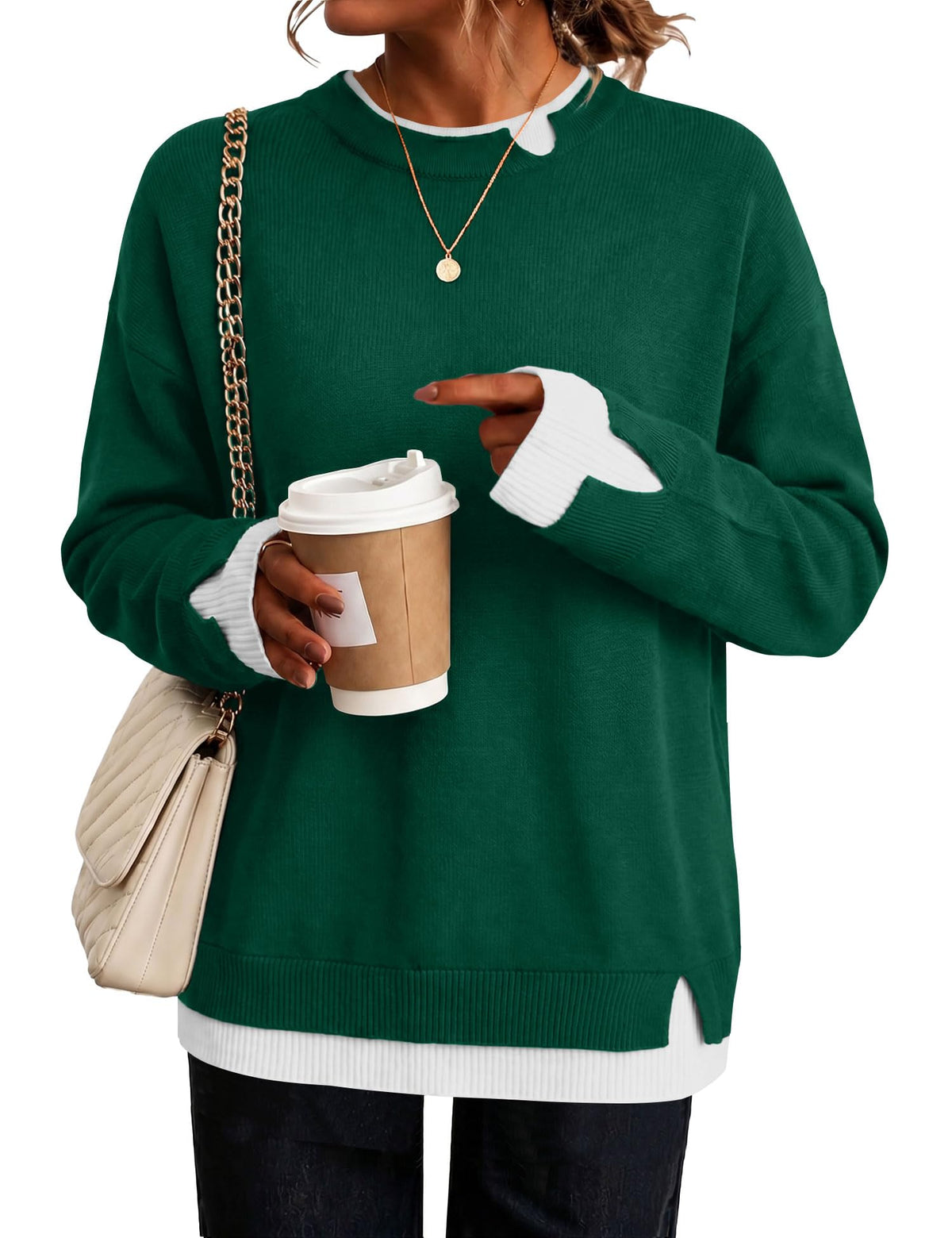 LOMON Womens Sweaters Cozy Long Sleeve Pullover Tops Faux Layered Sweaters