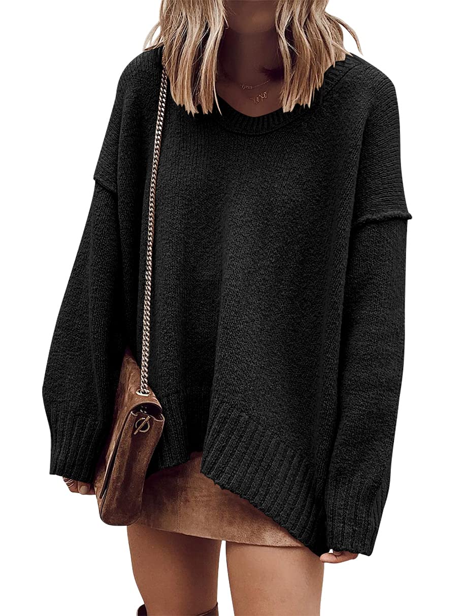 ANRABESS Womens Fall Fashion Oversized Scoop V Neck Batwing Sleeve Sweater