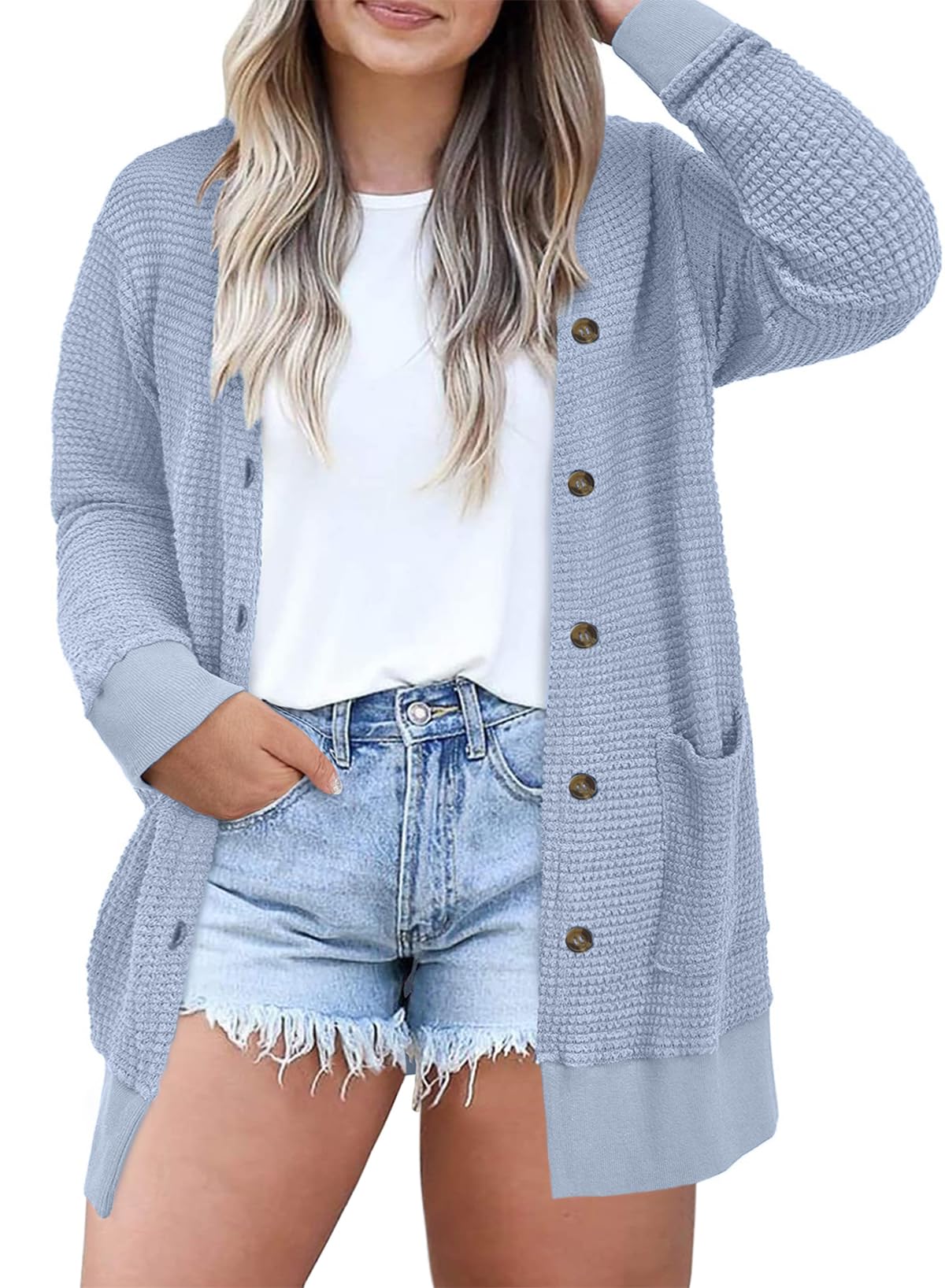 Eytino Womens Plus Size Waffle Knit Button Down Cardigans(1X-5X)