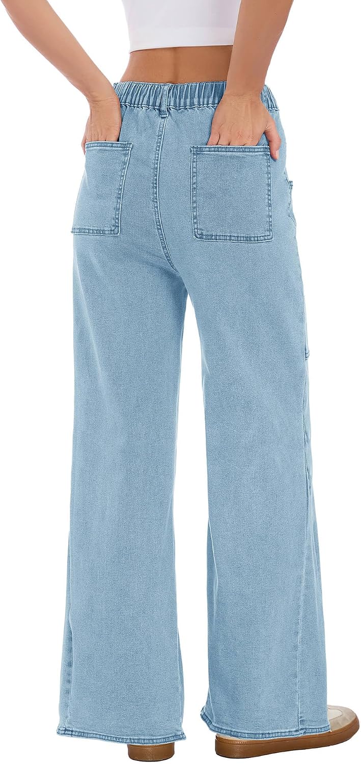Women's Wide Leg Jeans High Waisted Denim Pants with Drawstring