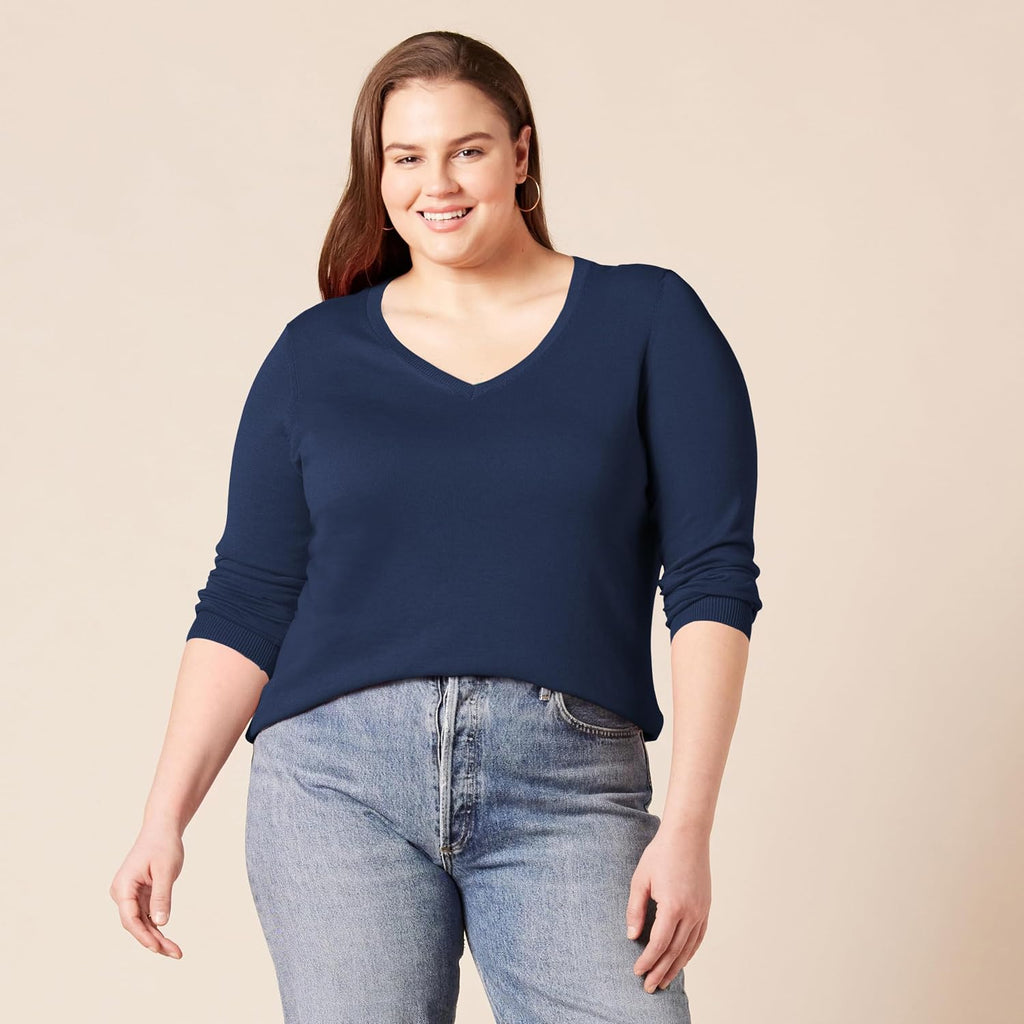 Amazon Essentials Women's Regular-Fit Lightweight Long-Sleeve V-Neck Sweater, Ribbed, Cozy Soft (Available in Plus Size)