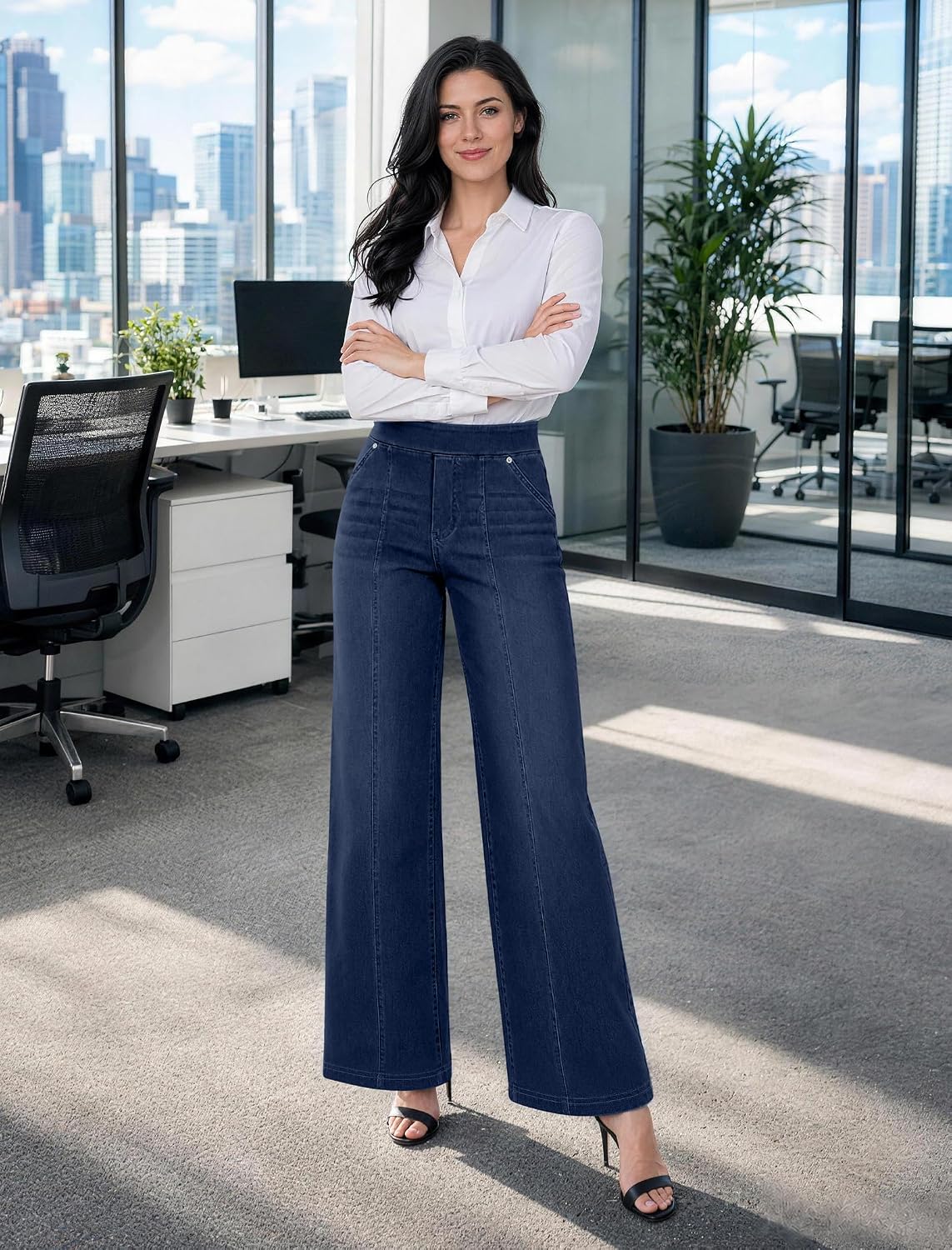 DLOODA Women's Stretchy Wide Leg Jeans High Waisted Pull on Sweatpant Jeans