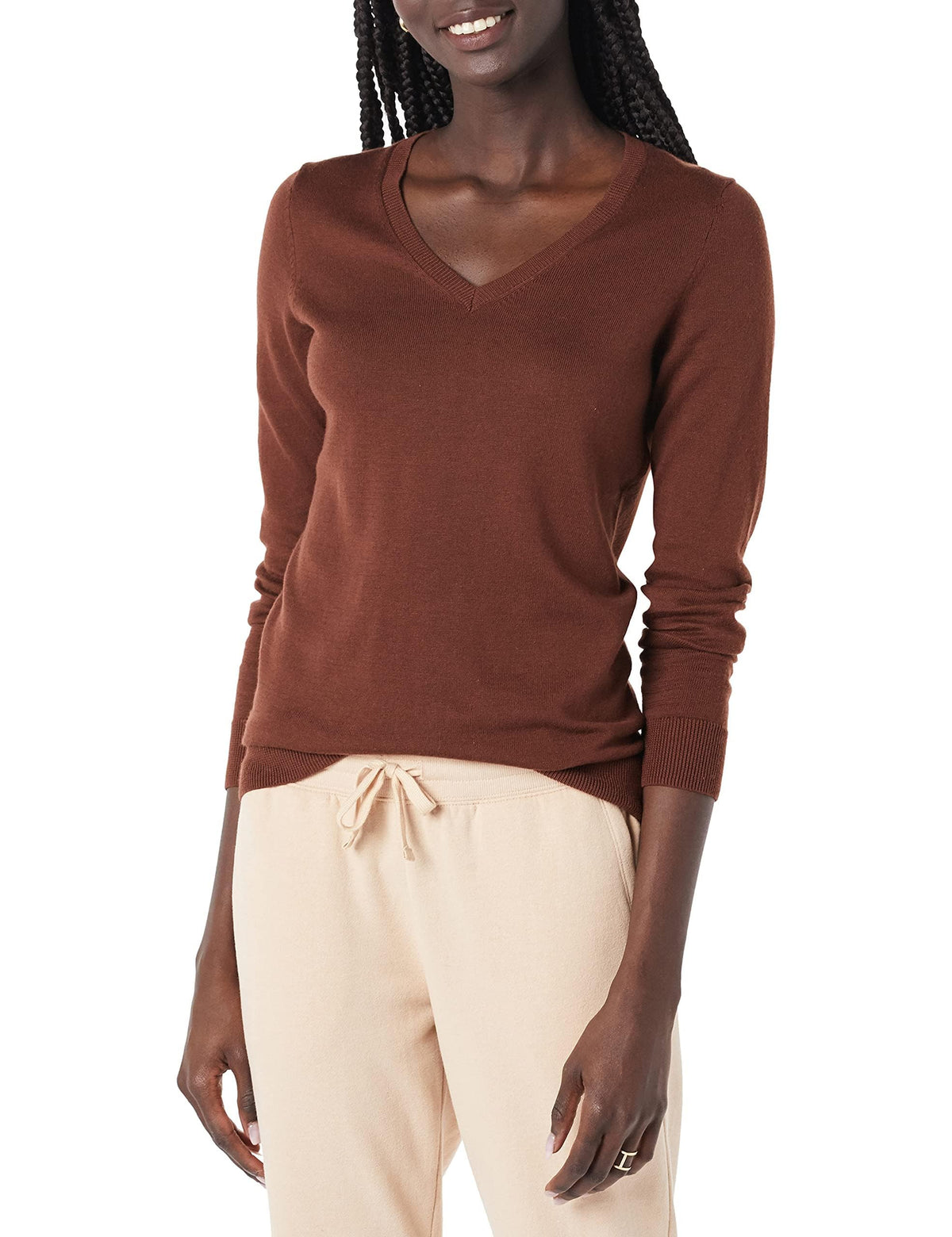 Amazon Essentials Women's Regular-Fit Lightweight Long-Sleeve V-Neck Sweater, Ribbed, Cozy Soft (Available in Plus Size)
