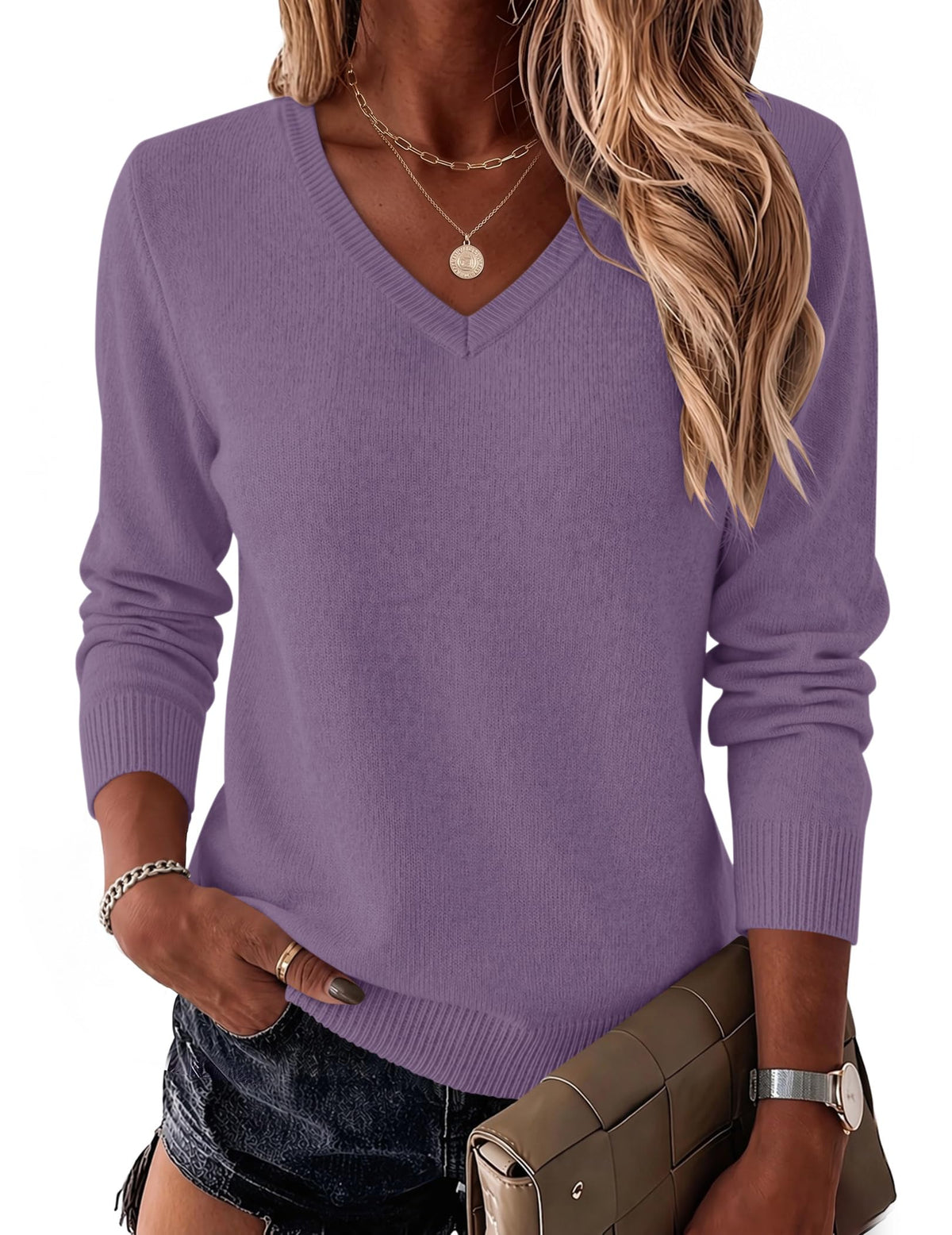 LOMON Womens Wool Blend Sweaters Long Sleeve Tops V Neck Knit Shirts Fall