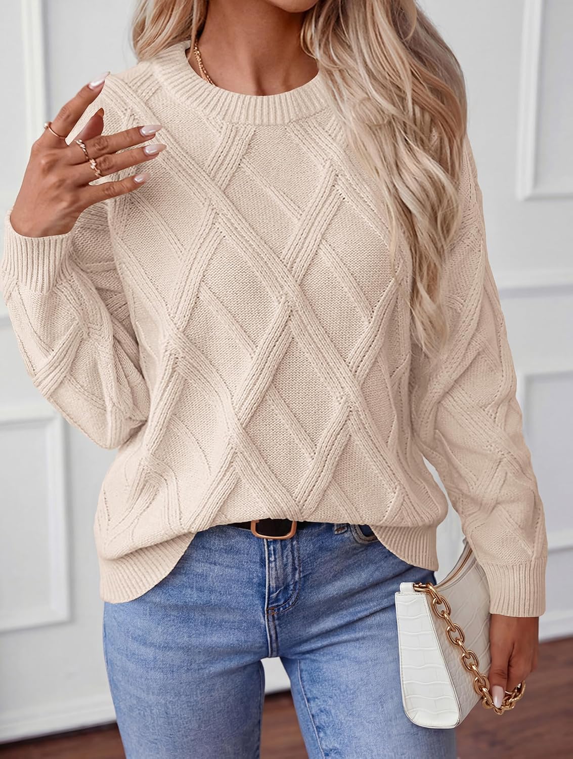 Okiwam Women's Long Sleeve Sweaters Crewneck Cable Knit Pullover