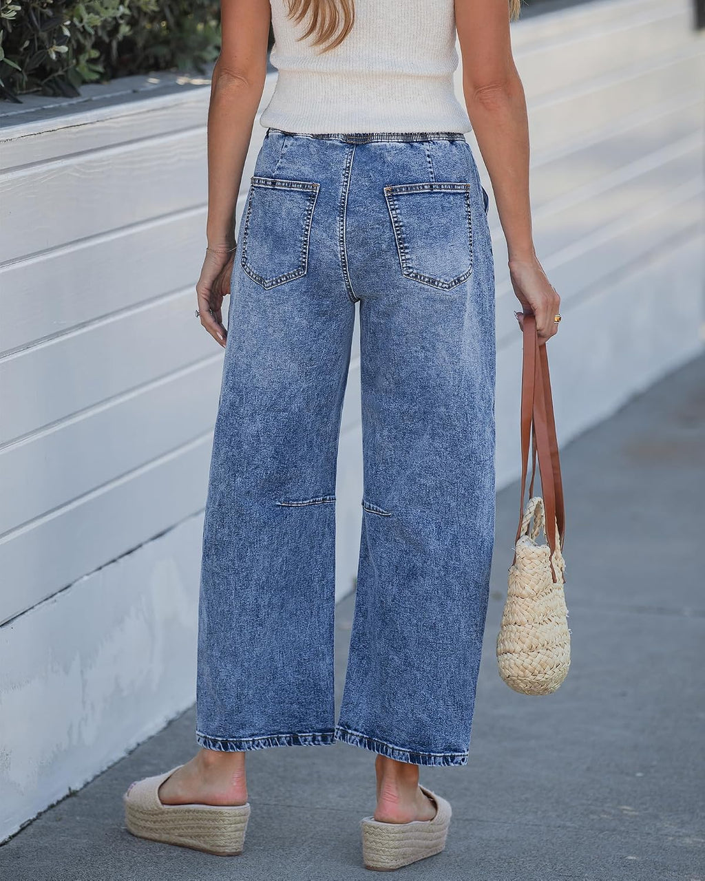 GRAPENT Barrel Jeans Women High Rise Pull On Elastic Waist Crop Denim Pants