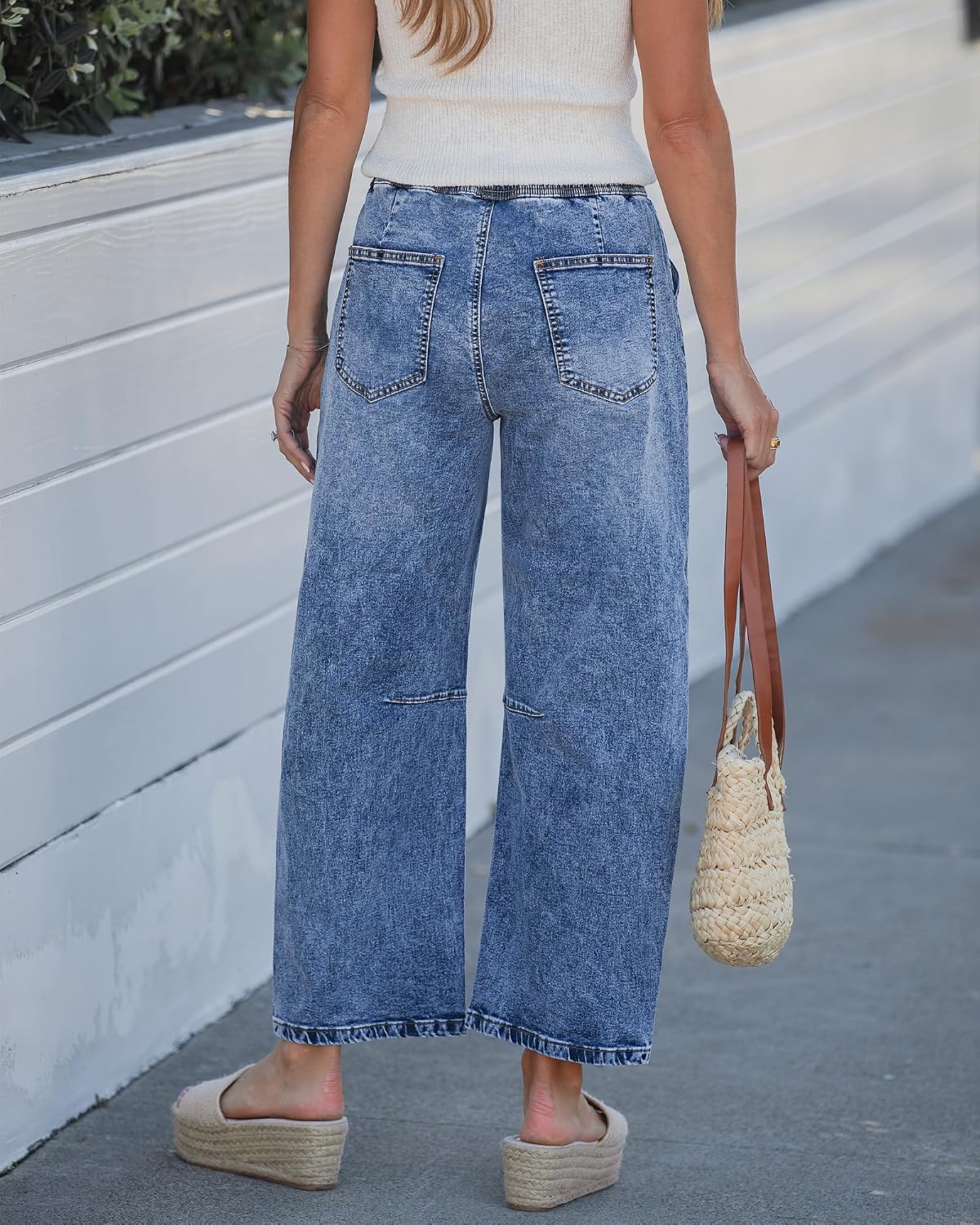 GRAPENT Barrel Jeans Women High Rise Pull On Elastic Waist Crop Denim Pants