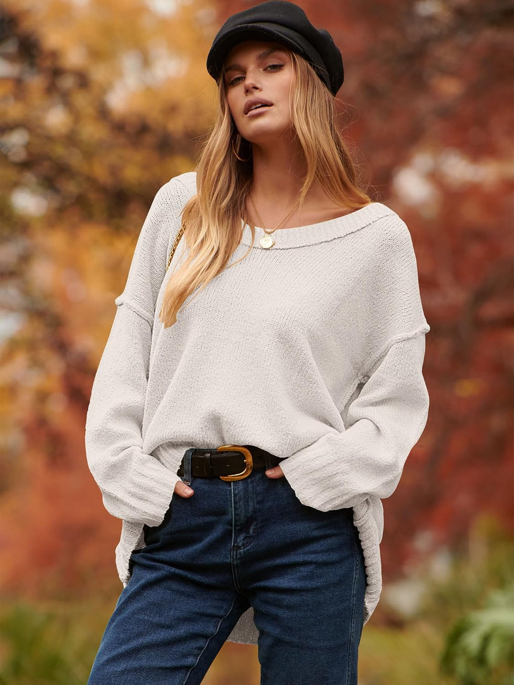ANRABESS Womens Fall Fashion Oversized Scoop V Neck Batwing Sleeve Sweater
