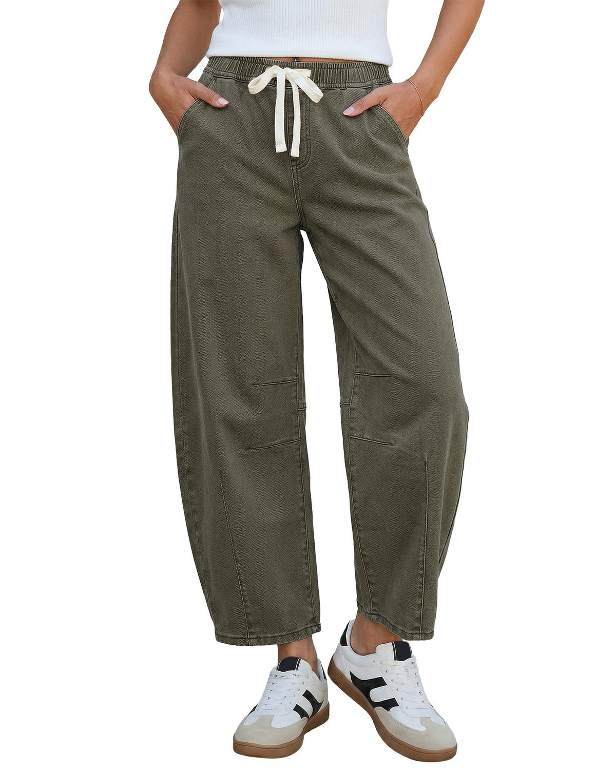 GRAPENT Barrel Jeans Women High Rise Pull On Elastic Waist Crop Denim Pants