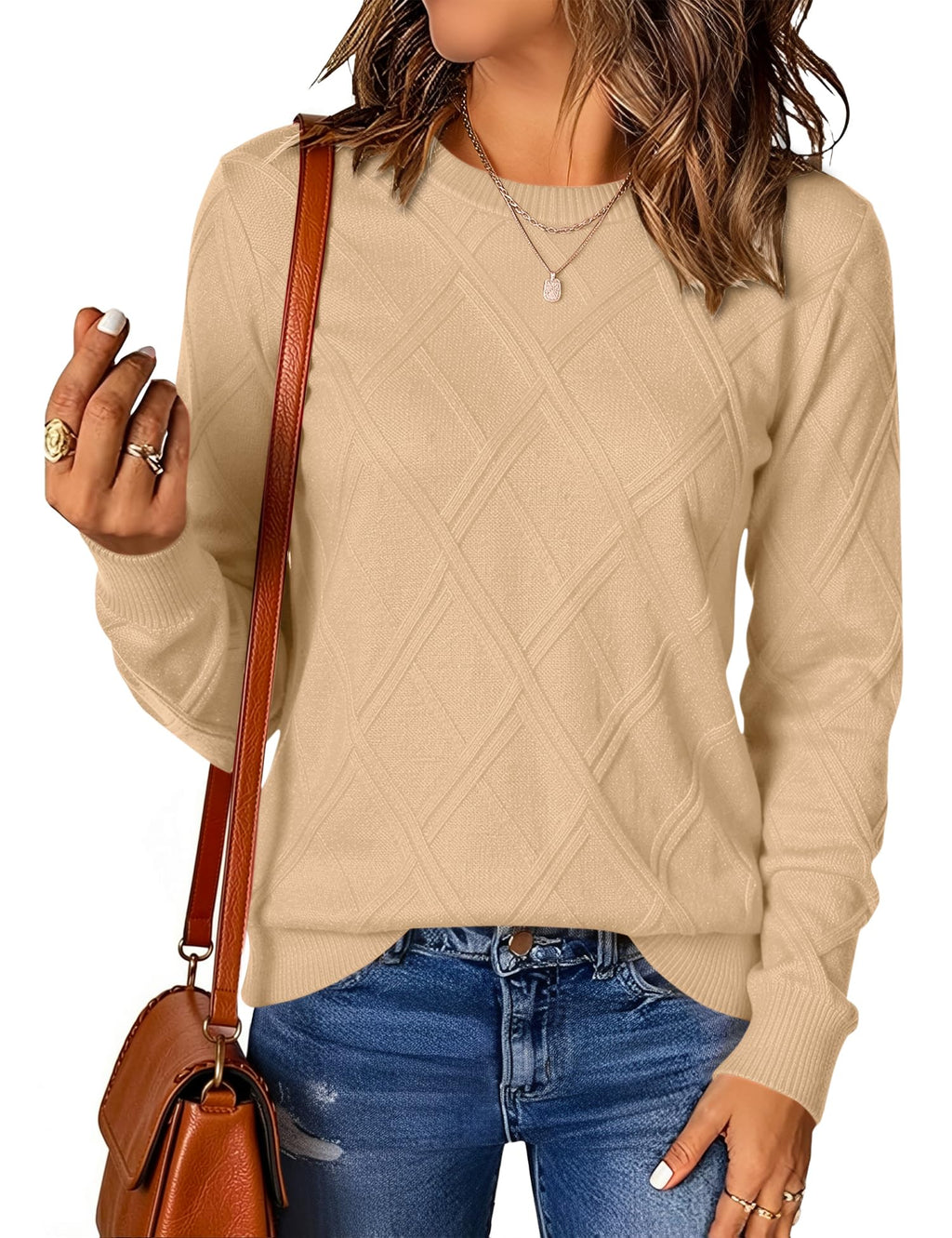 LOMON Women's Cable Knit Sweater Long Sleeve Crew Neck Fall Tops