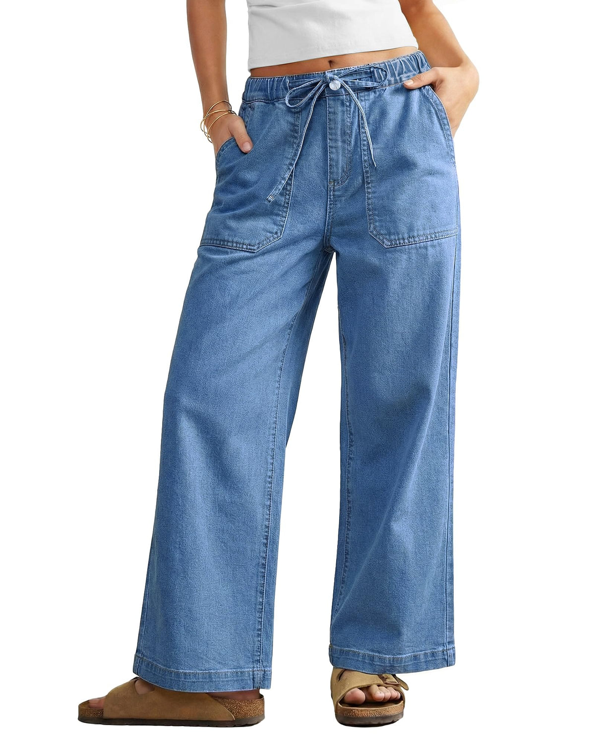 GRAPENT Wide Leg Jeans for Women Trendy High Waisted Drawstring Tie Elastic Waist Stretchy Denim Pants Trouser Jeans