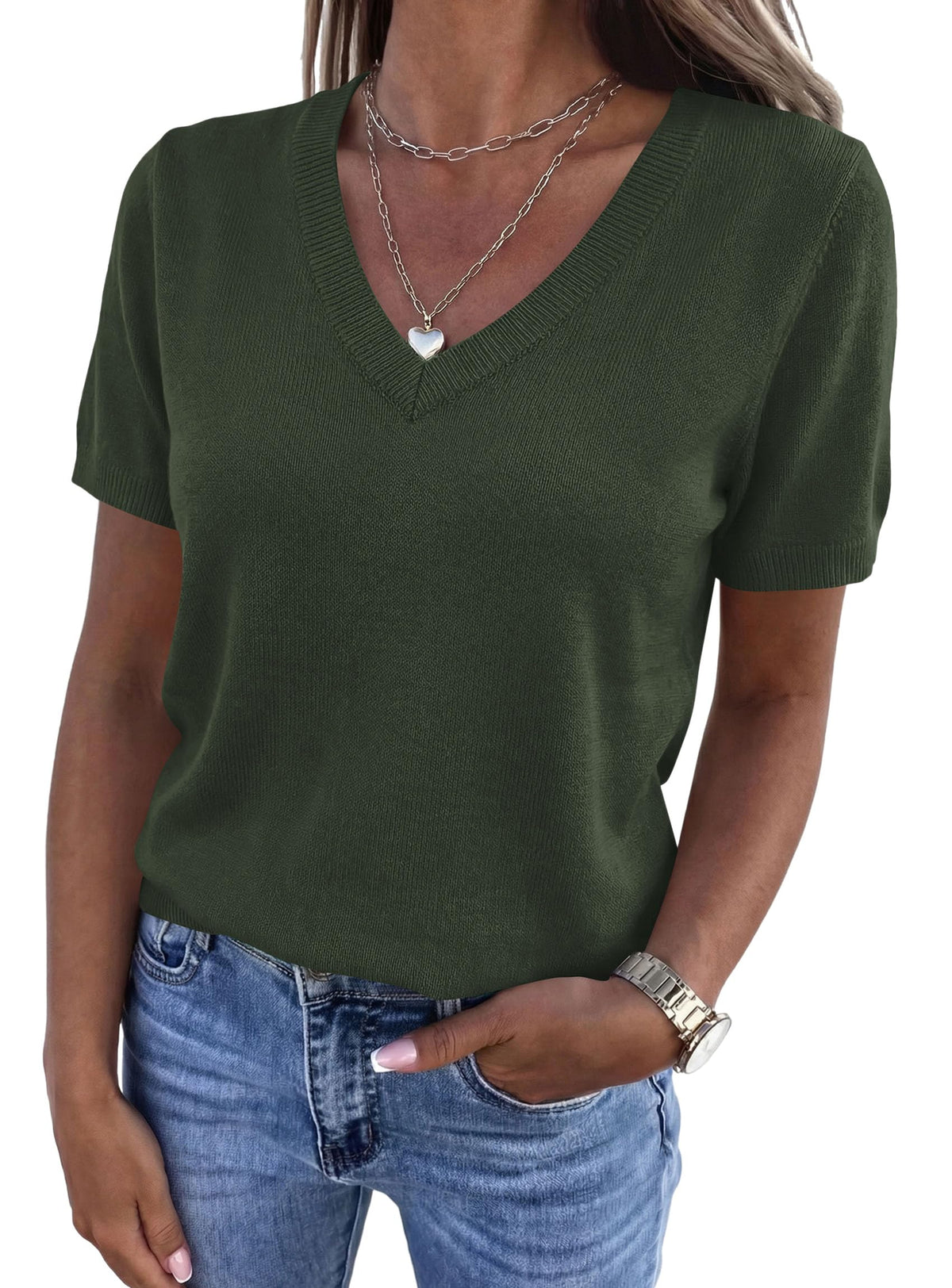 PRETTYGARDEN Womens Short Sleeve Sweater V Neck Tops