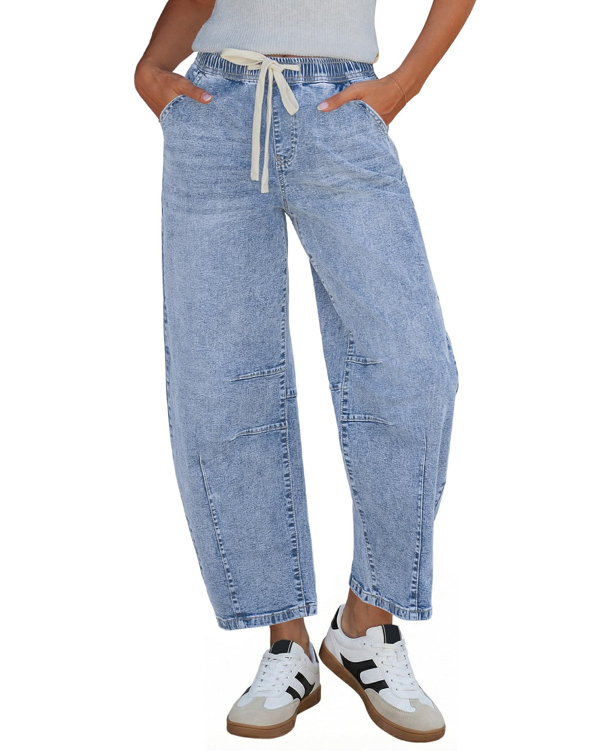 GRAPENT Barrel Jeans Women High Rise Pull On Elastic Waist Crop Denim Pants