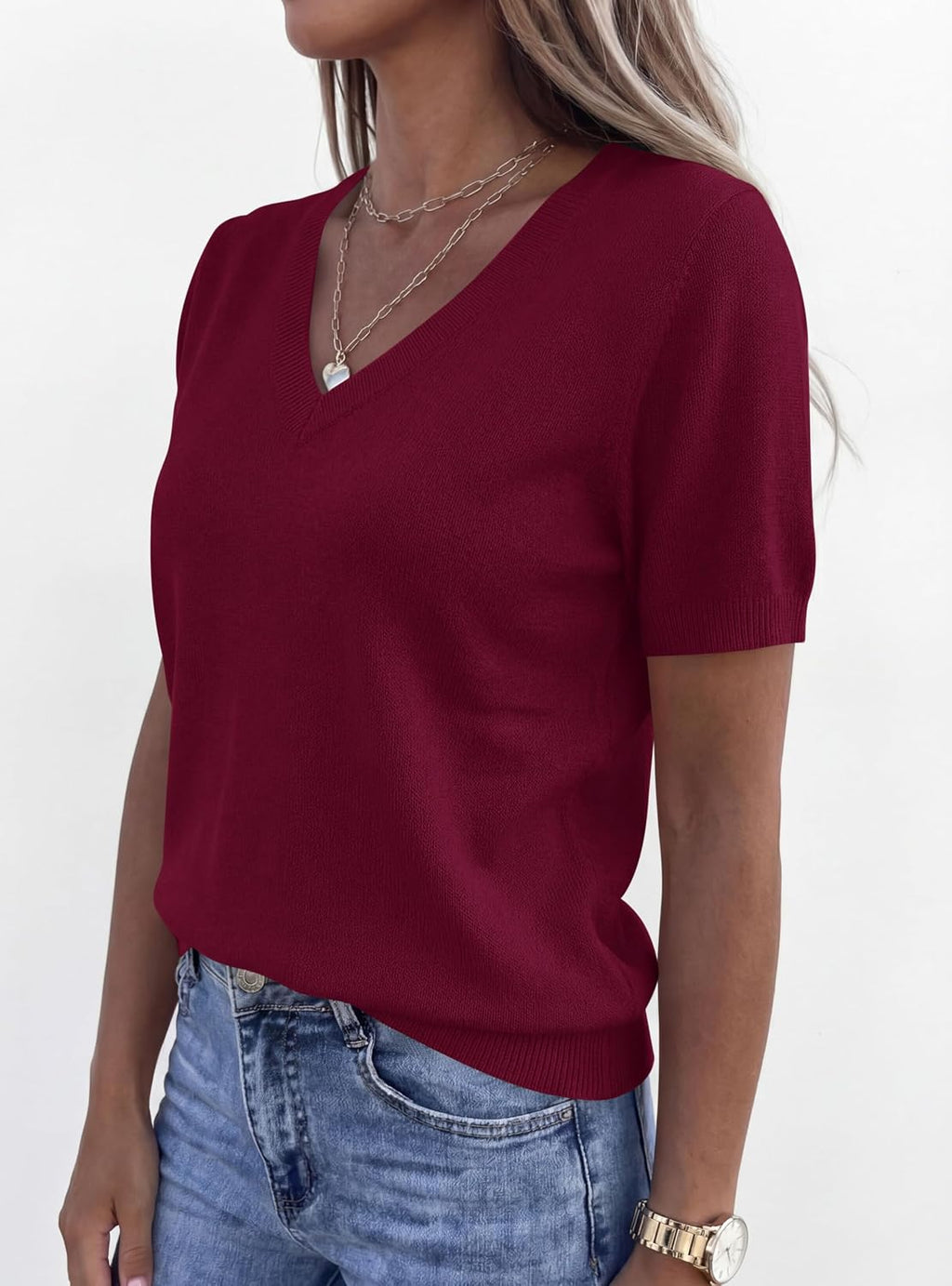 PRETTYGARDEN Womens Short Sleeve Sweater V Neck Tops