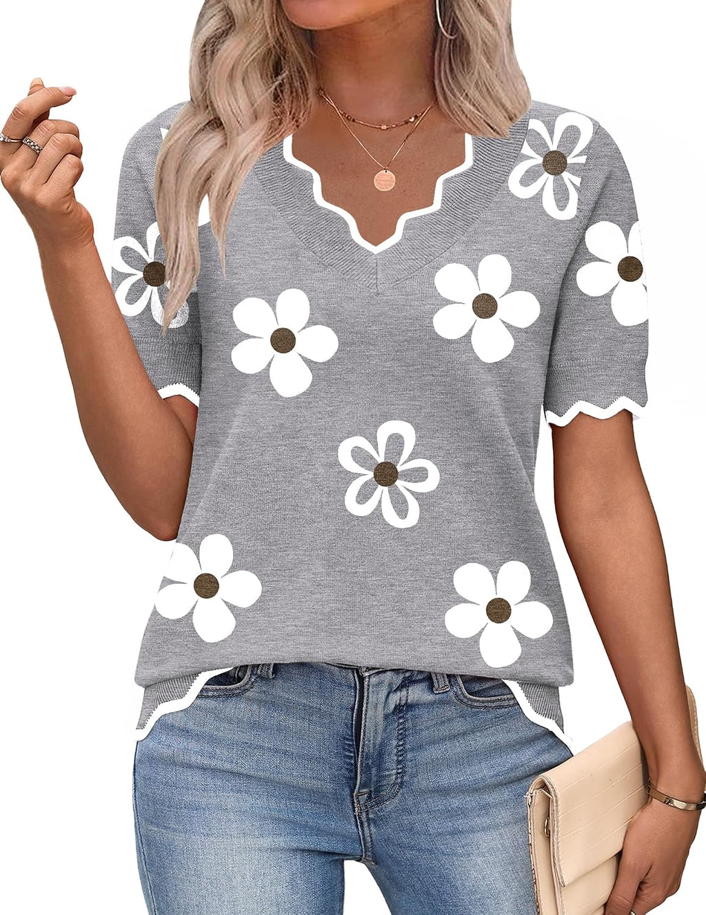 Zeagoo Women's Short Sleeve Sweater 2026 Summer V Neck Tops Dressy Blouses