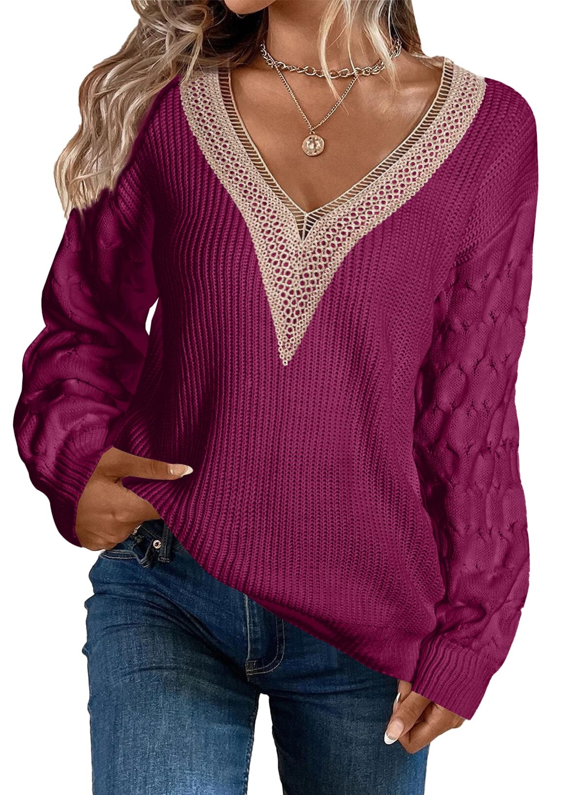 EVALESS Womens Long Sleeve Sweaters Fall 2024 Trendy Sexy Lace V Neck Knit Drop Shoulder Pullover Sweater Jumper Tops