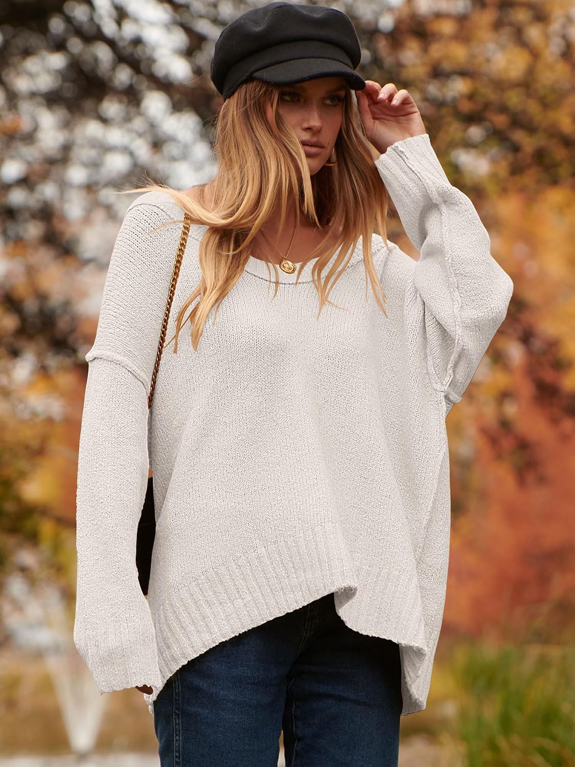 ANRABESS Womens Fall Fashion Oversized Scoop V Neck Batwing Sleeve Sweater
