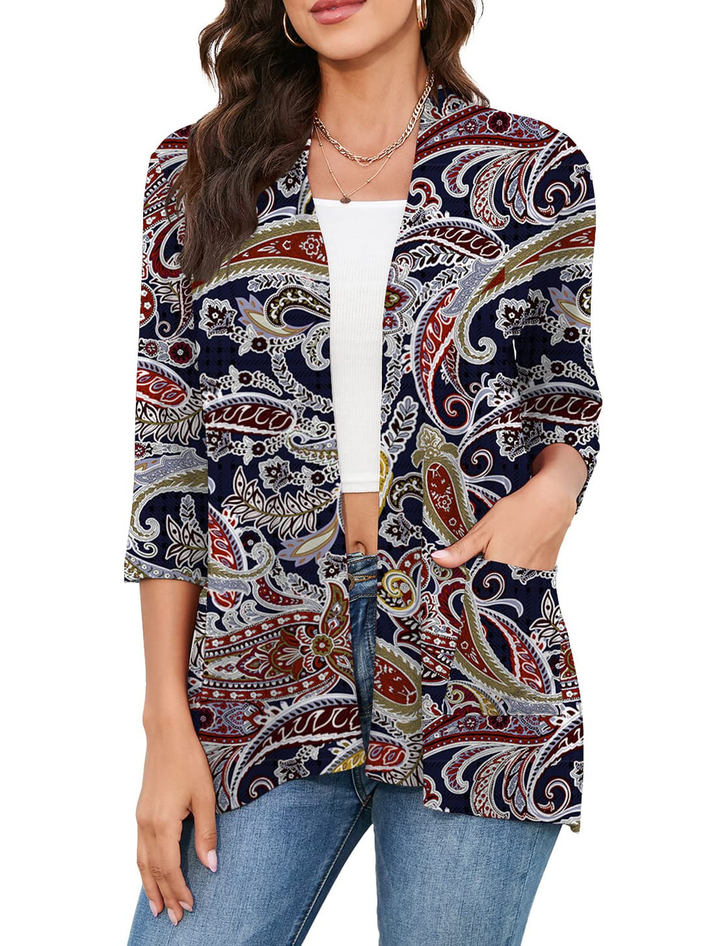 HIYIYEZI Womens Casual Lightweight Cardigans with Pockets 3/4 Sleeve Open Front Dusters