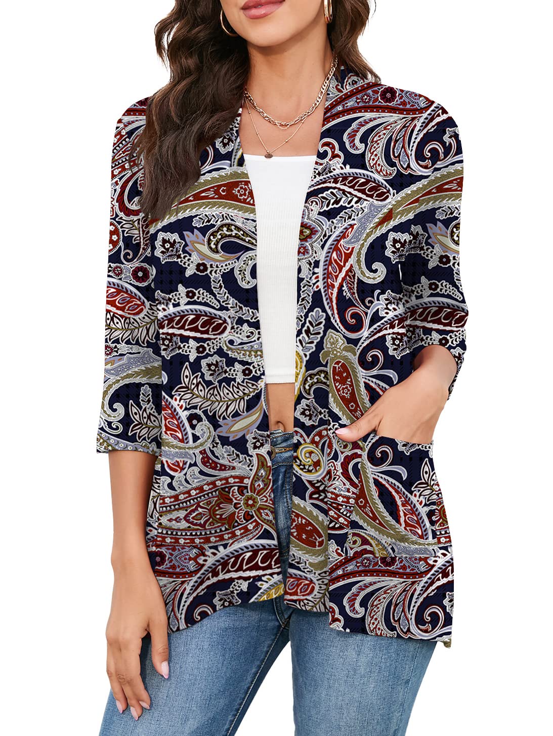 HIYIYEZI Womens Casual Lightweight Cardigans with Pockets 3/4 Sleeve Open Front Dusters