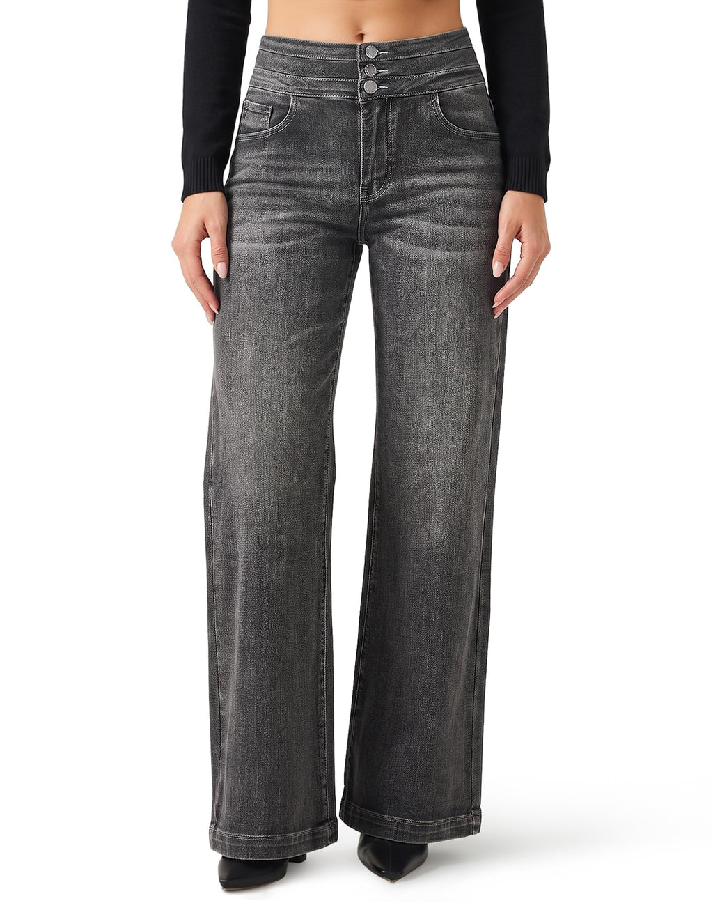 roswear Women's Wide Leg Jeans Casual High Waisted Stretch Baggy Loose Denim Pants