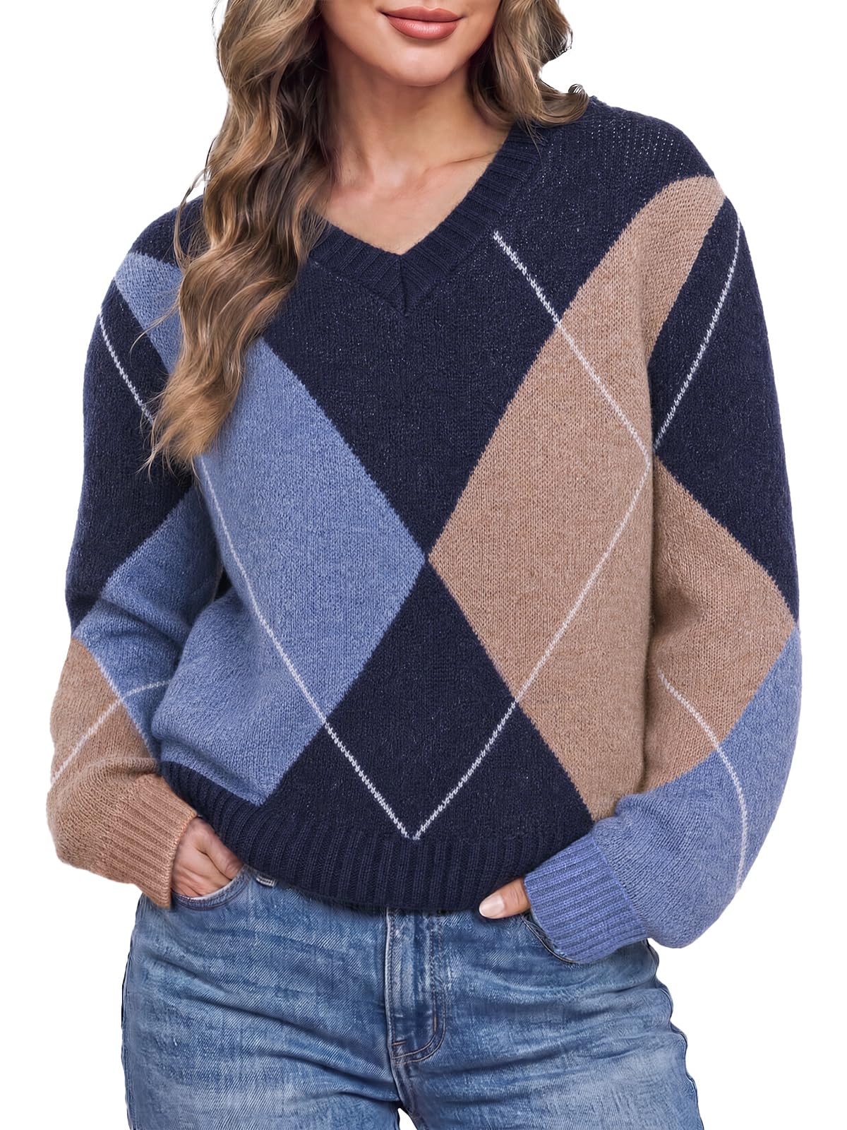 Cicy Bell Womens V Neck Argyle Sweaters Long Sleeve Knit Casual Pullovers
