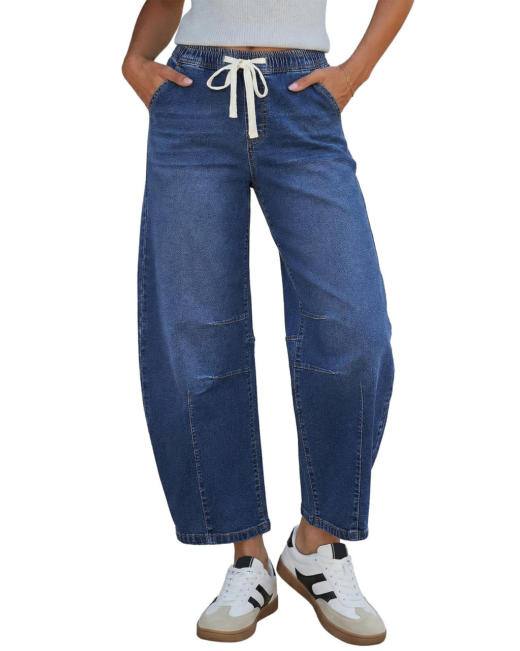 GRAPENT Barrel Jeans Women High Rise Pull On Elastic Waist Crop Denim Pants